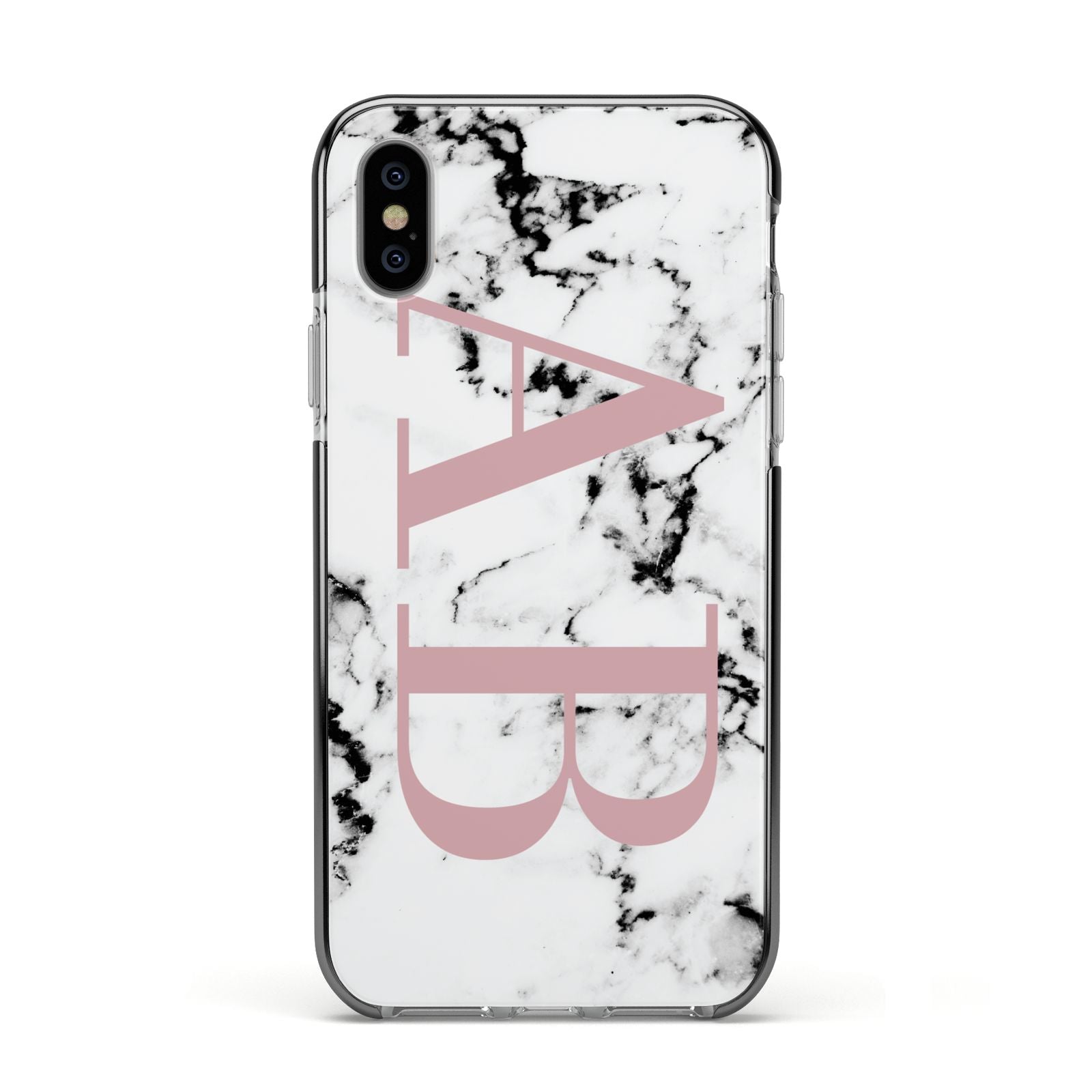 Marble Pattern Pink Initials Personalised Apple iPhone Xs Impact Case Black Edge on Silver Phone