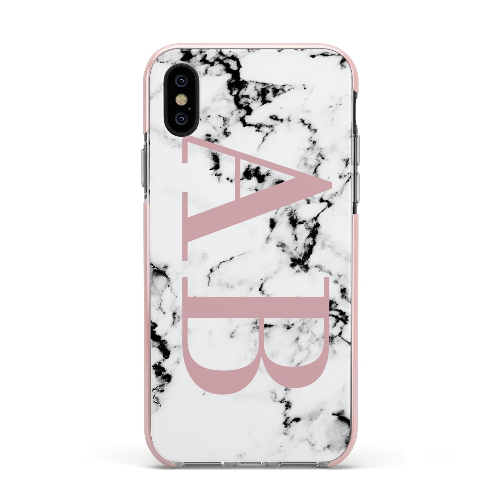 Marble Pattern Pink Initials Personalised Apple iPhone Xs Impact Case Pink Edge on Black Phone