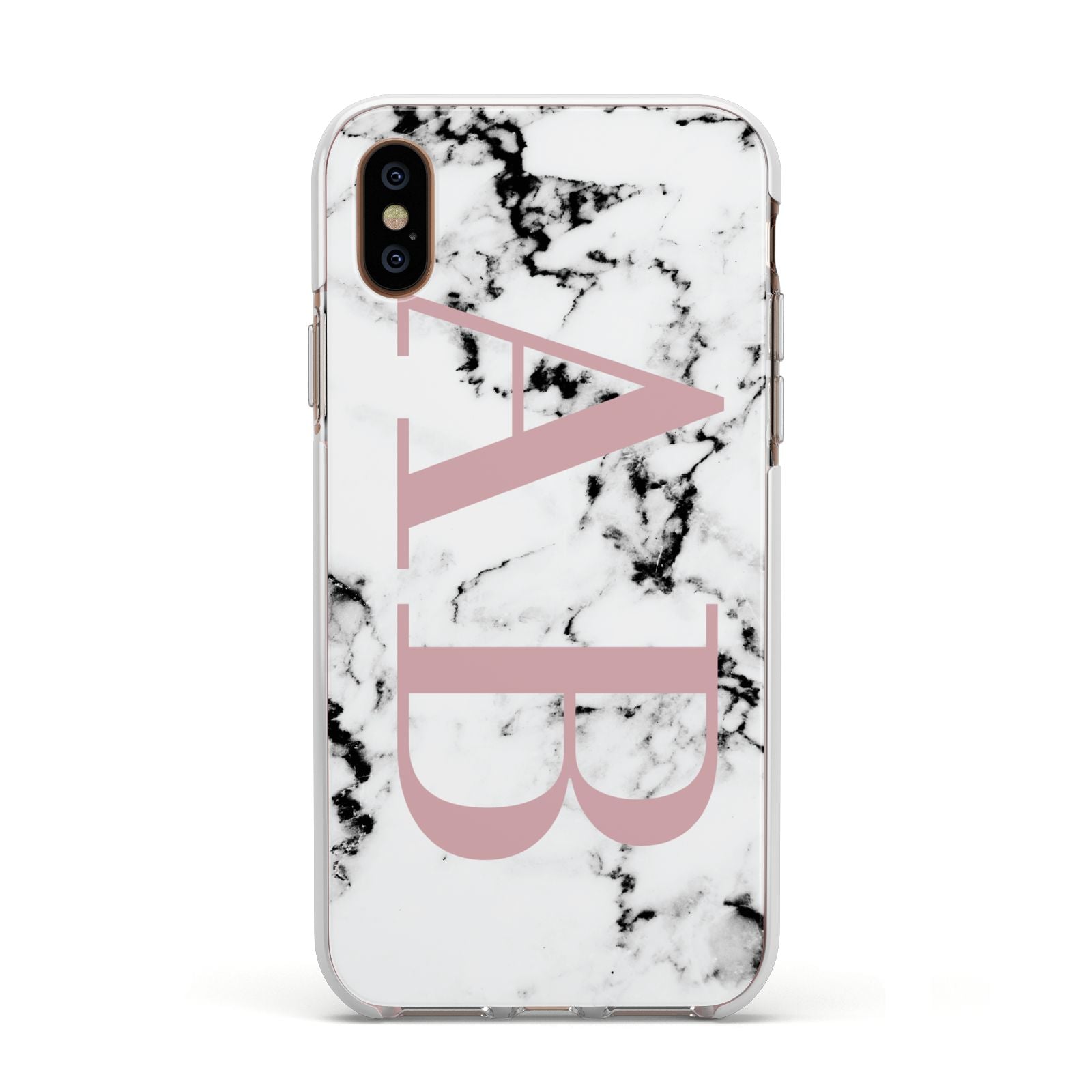 Marble Pattern Pink Initials Personalised Apple iPhone Xs Impact Case White Edge on Gold Phone
