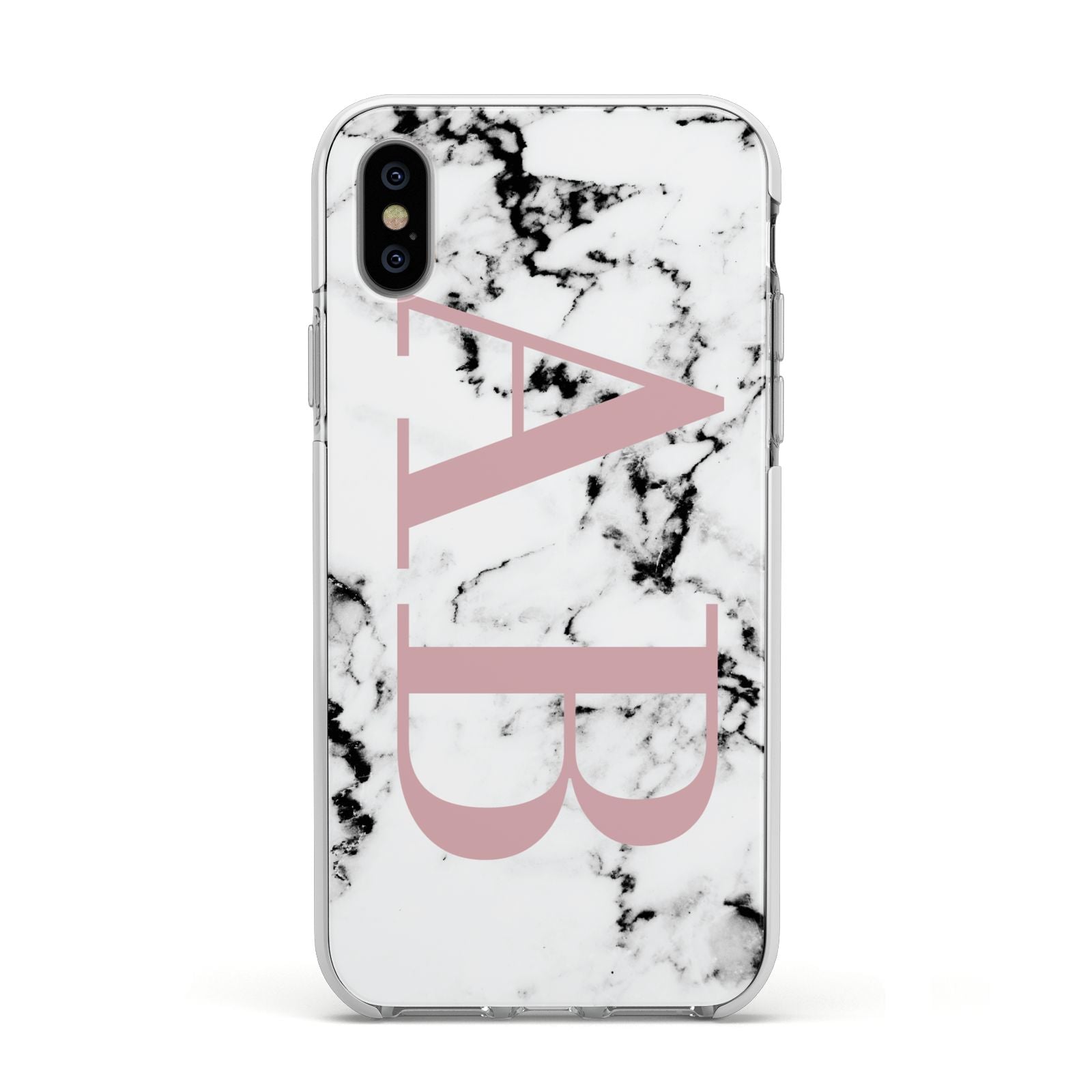 Marble Pattern Pink Initials Personalised Apple iPhone Xs Impact Case White Edge on Silver Phone