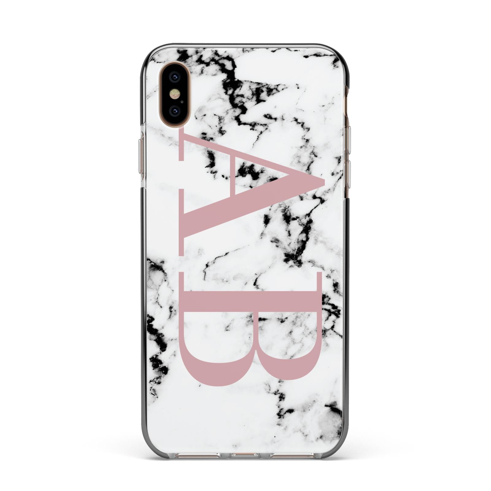 Marble Pattern Pink Initials Personalised Apple iPhone Xs Max Impact Case Black Edge on Gold Phone