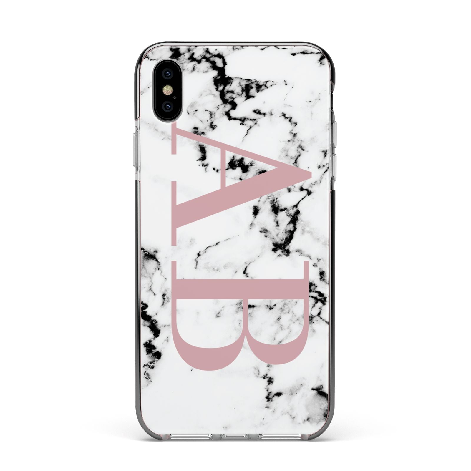 Marble Pattern Pink Initials Personalised Apple iPhone Xs Max Impact Case Black Edge on Silver Phone