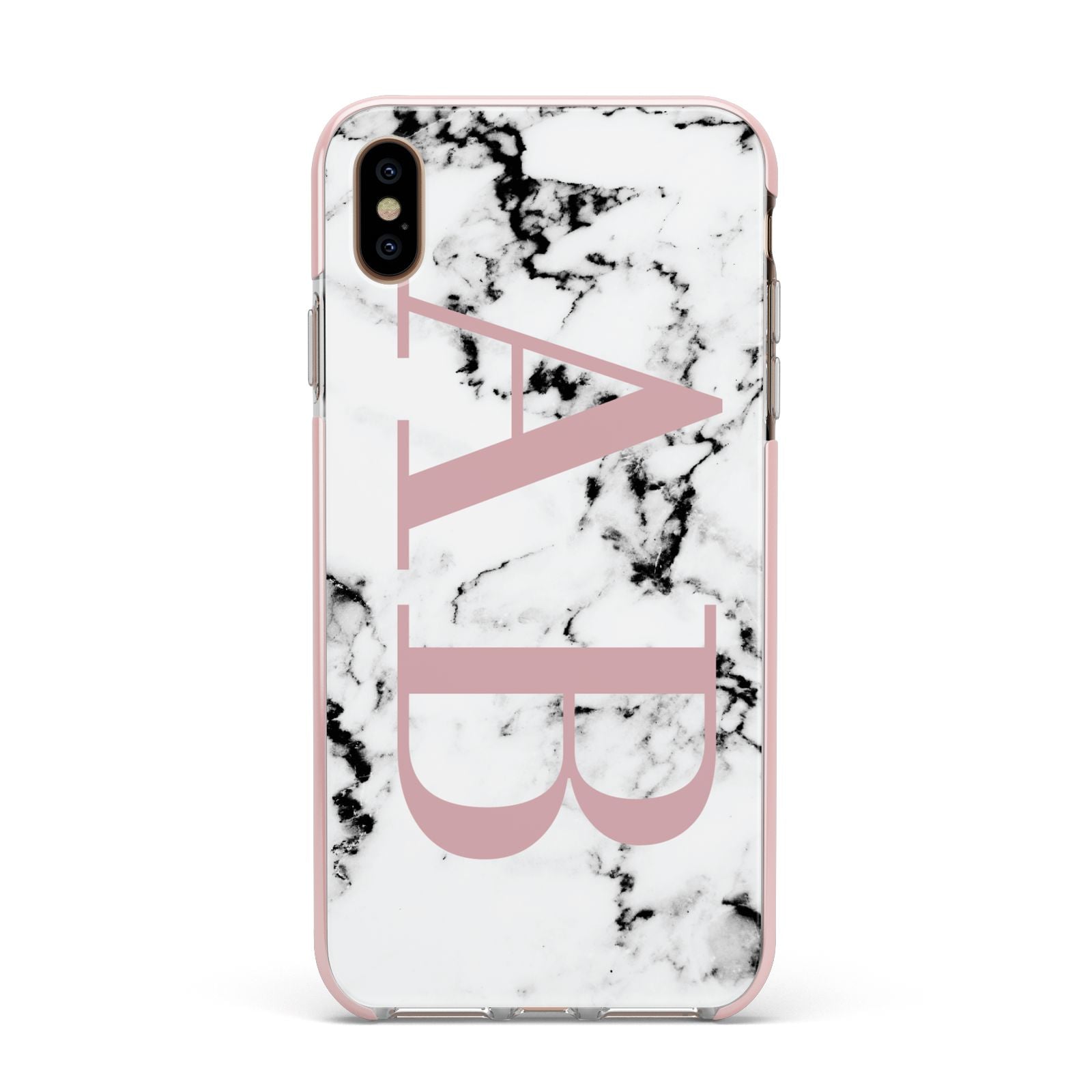 Marble Pattern Pink Initials Personalised Apple iPhone Xs Max Impact Case Pink Edge on Gold Phone