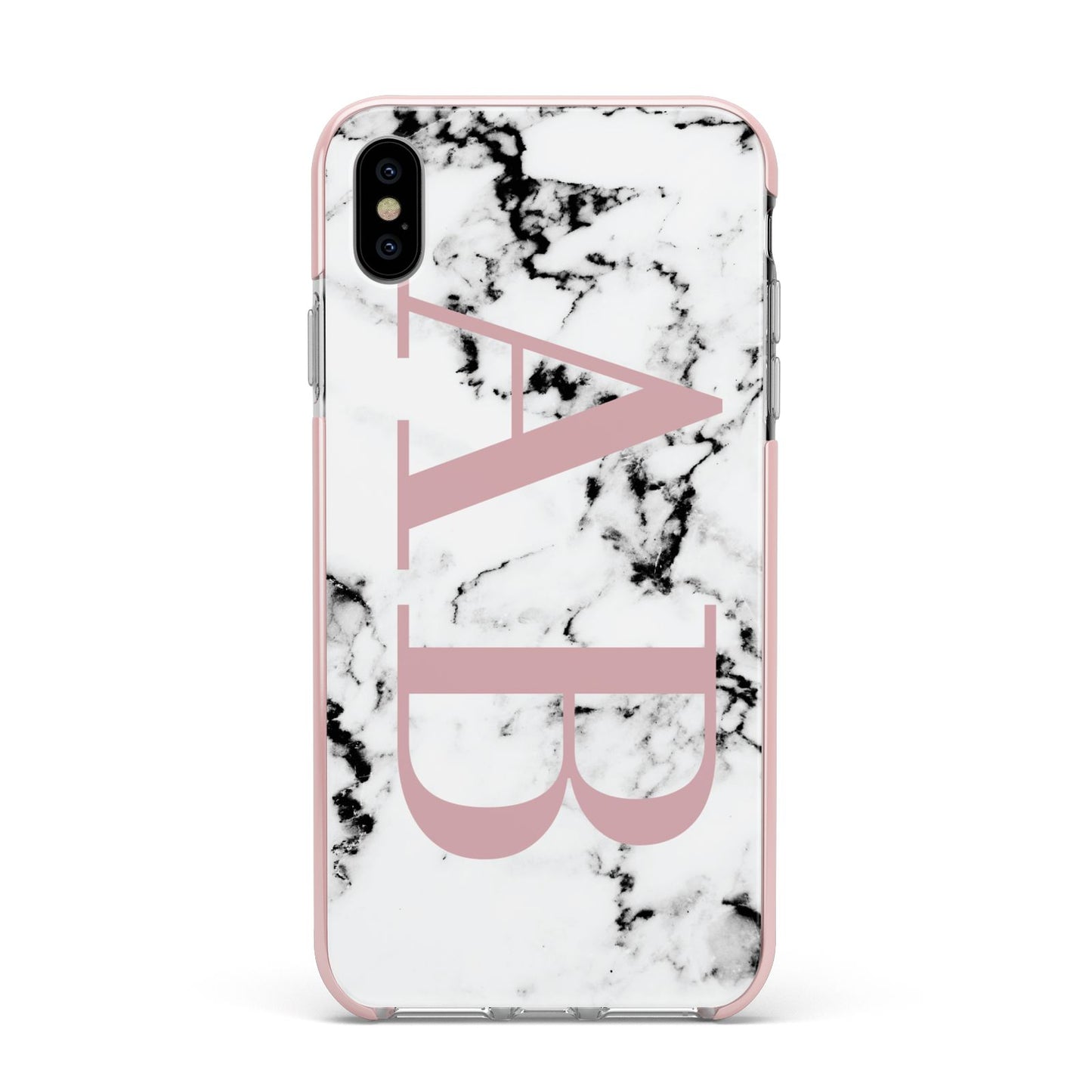 Marble Pattern Pink Initials Personalised Apple iPhone Xs Max Impact Case Pink Edge on Silver Phone