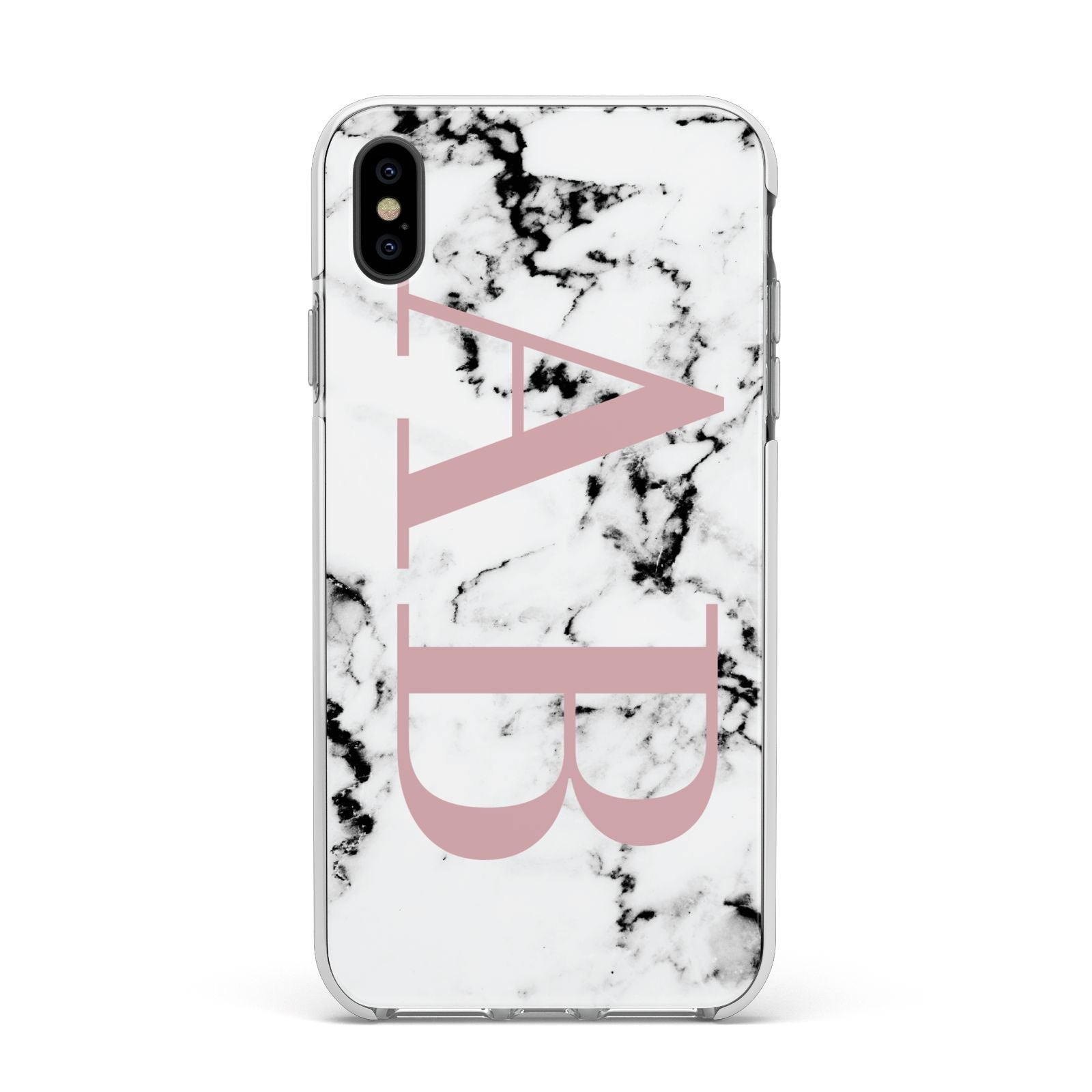 Marble Pattern Pink Initials Personalised Apple iPhone Xs Max Impact Case White Edge on Black Phone