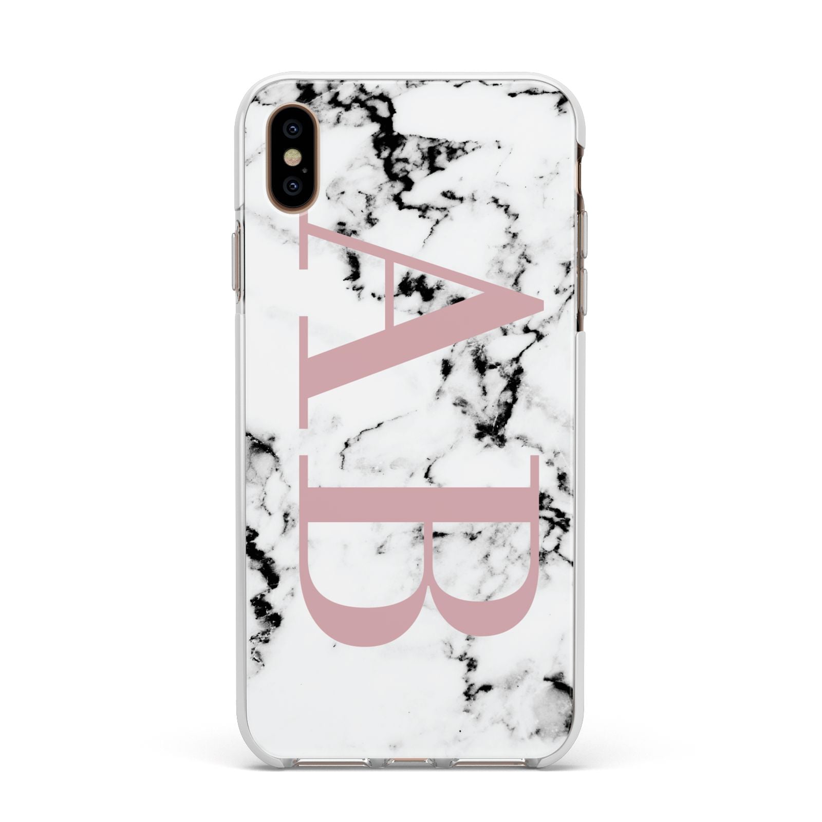 Marble Pattern Pink Initials Personalised Apple iPhone Xs Max Impact Case White Edge on Gold Phone