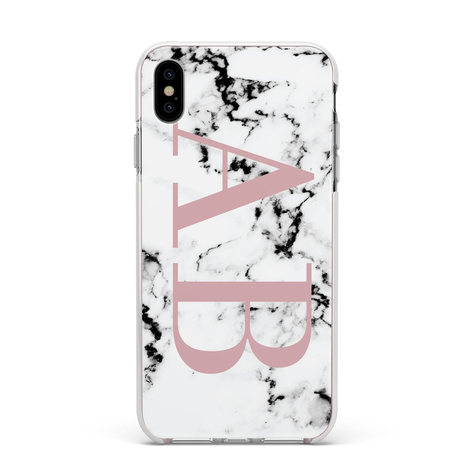 Marble Pattern Pink Initials Personalised Apple iPhone Xs Max Impact Case White Edge on Silver Phone