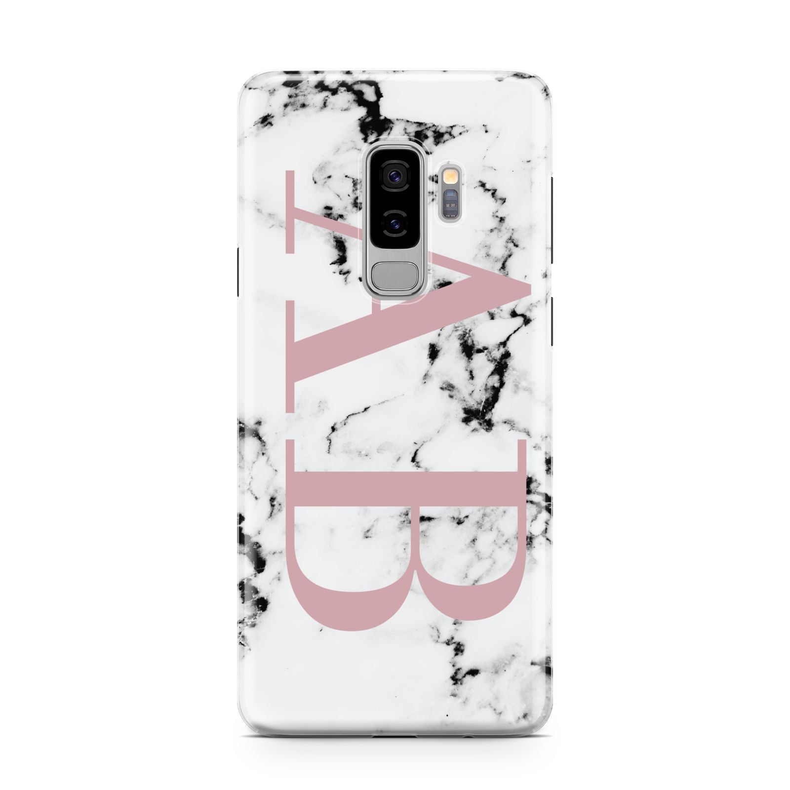 Marble Pattern Pink Initials Personalised Samsung Galaxy S9 Plus Case on Silver phone