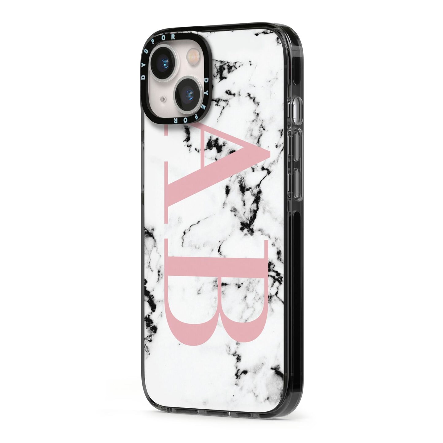 Marble Pattern Pink Initials Personalised iPhone 13 Black Impact Case Side Angle on Silver phone