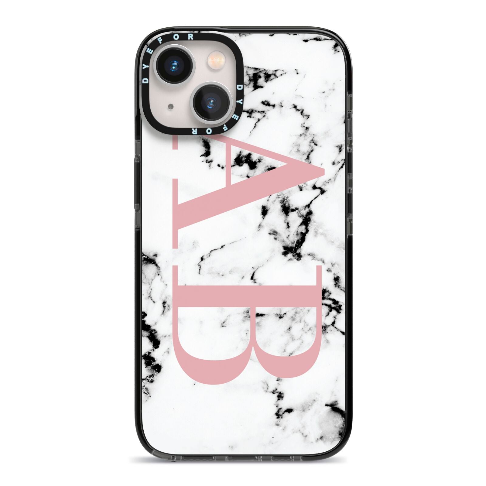 Marble Pattern Pink Initials Personalised iPhone 13 Black Impact Case on Silver phone