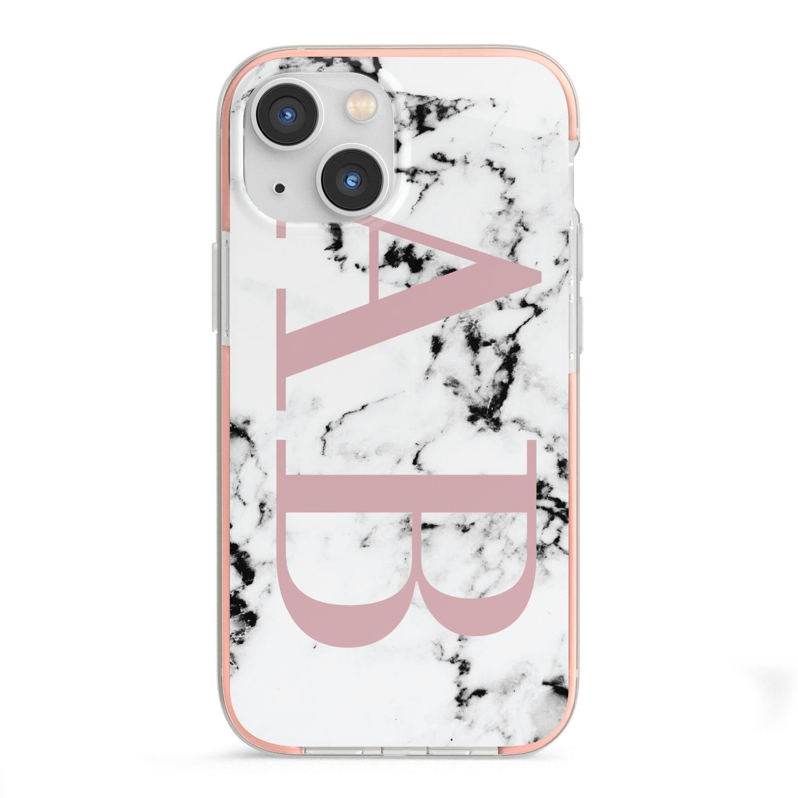 Marble Pattern Pink Initials Personalised iPhone 13 Mini TPU Impact Case with Pink Edges