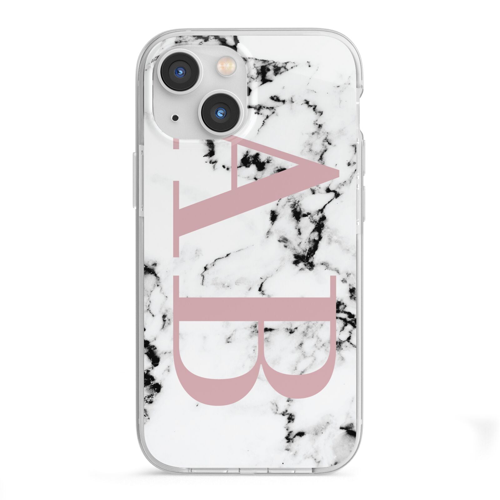 Marble Pattern Pink Initials Personalised iPhone 13 Mini TPU Impact Case with White Edges