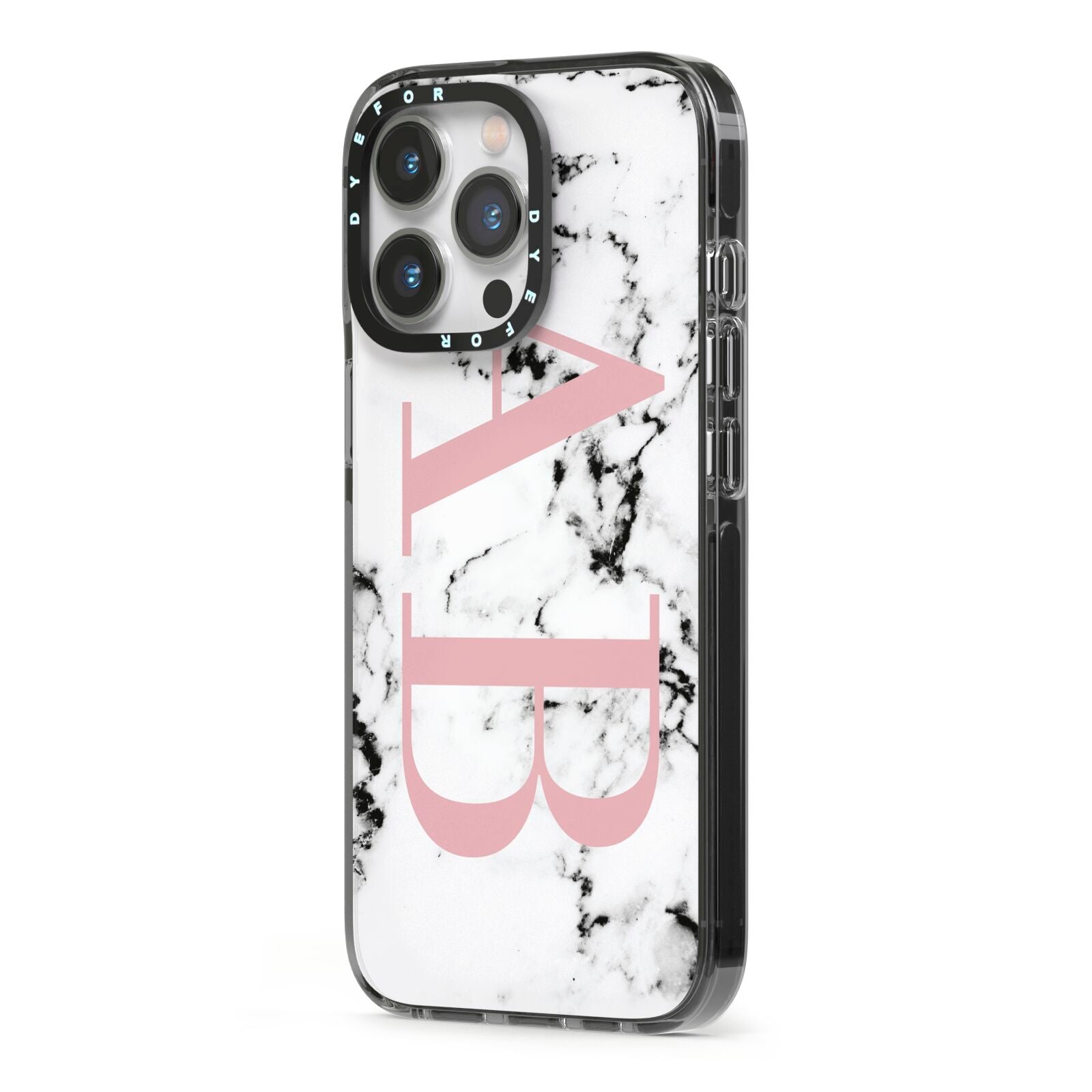 Marble Pattern Pink Initials Personalised iPhone 13 Pro Black Impact Case Side Angle on Silver phone