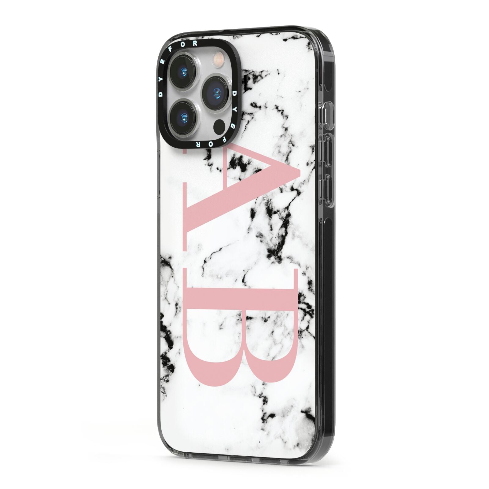 Marble Pattern Pink Initials Personalised iPhone 13 Pro Max Black Impact Case Side Angle on Silver phone
