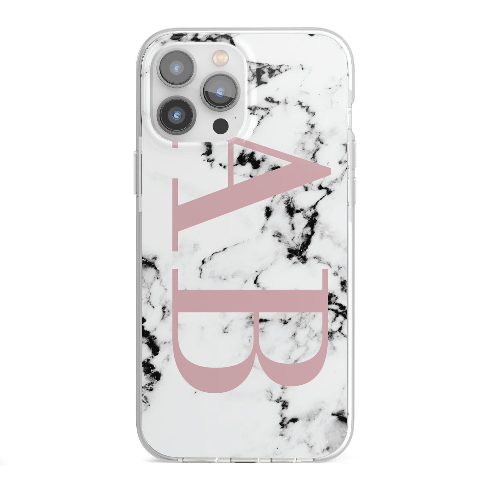 Marble Pattern Pink Initials Personalised iPhone 13 Pro Max TPU Impact Case with White Edges