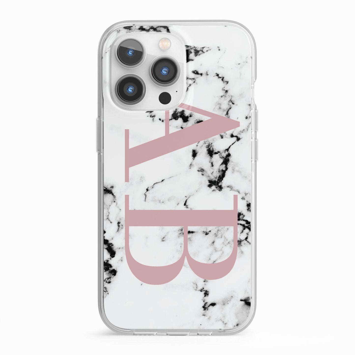 Marble Pattern Pink Initials Personalised iPhone 13 Pro TPU Impact Case with White Edges