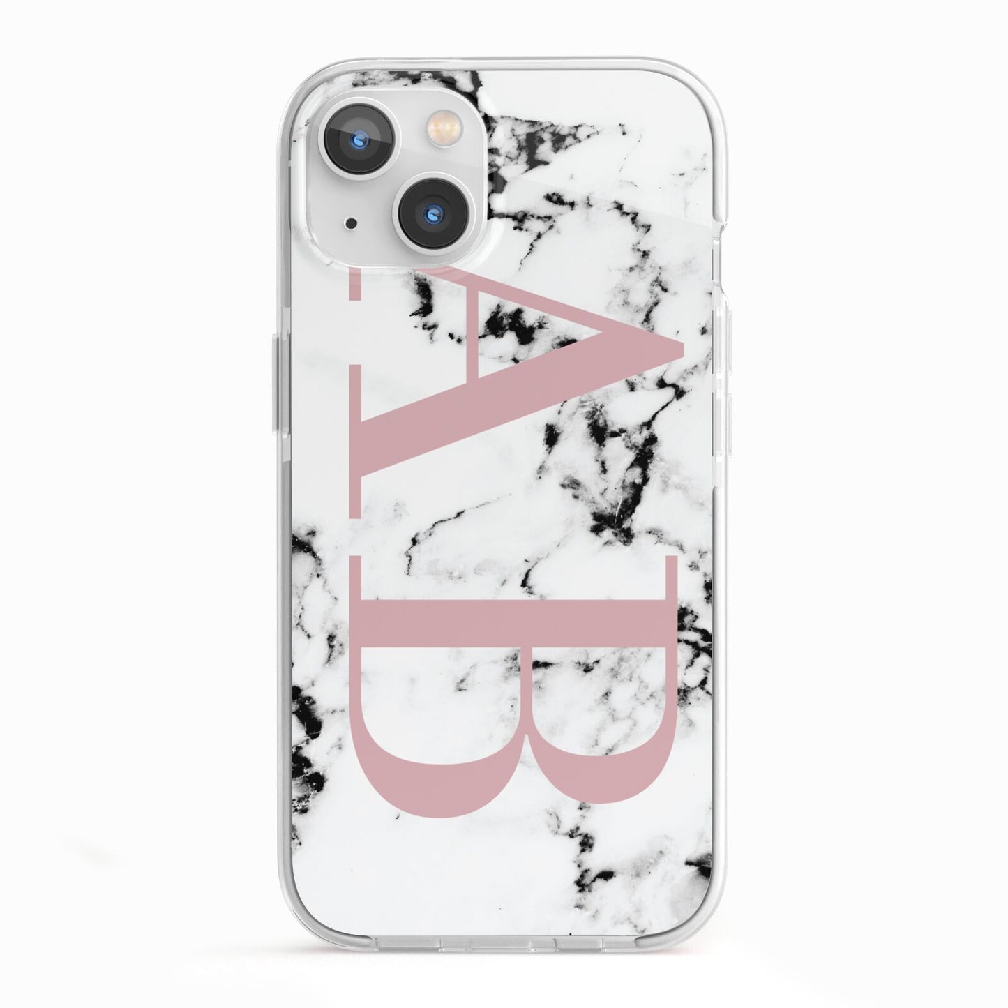 Marble Pattern Pink Initials Personalised iPhone 13 TPU Impact Case with White Edges