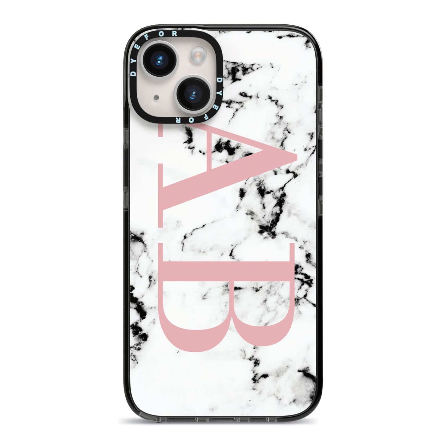 Marble Pattern Pink Initials Personalised iPhone 14 Black Impact Case on Silver phone