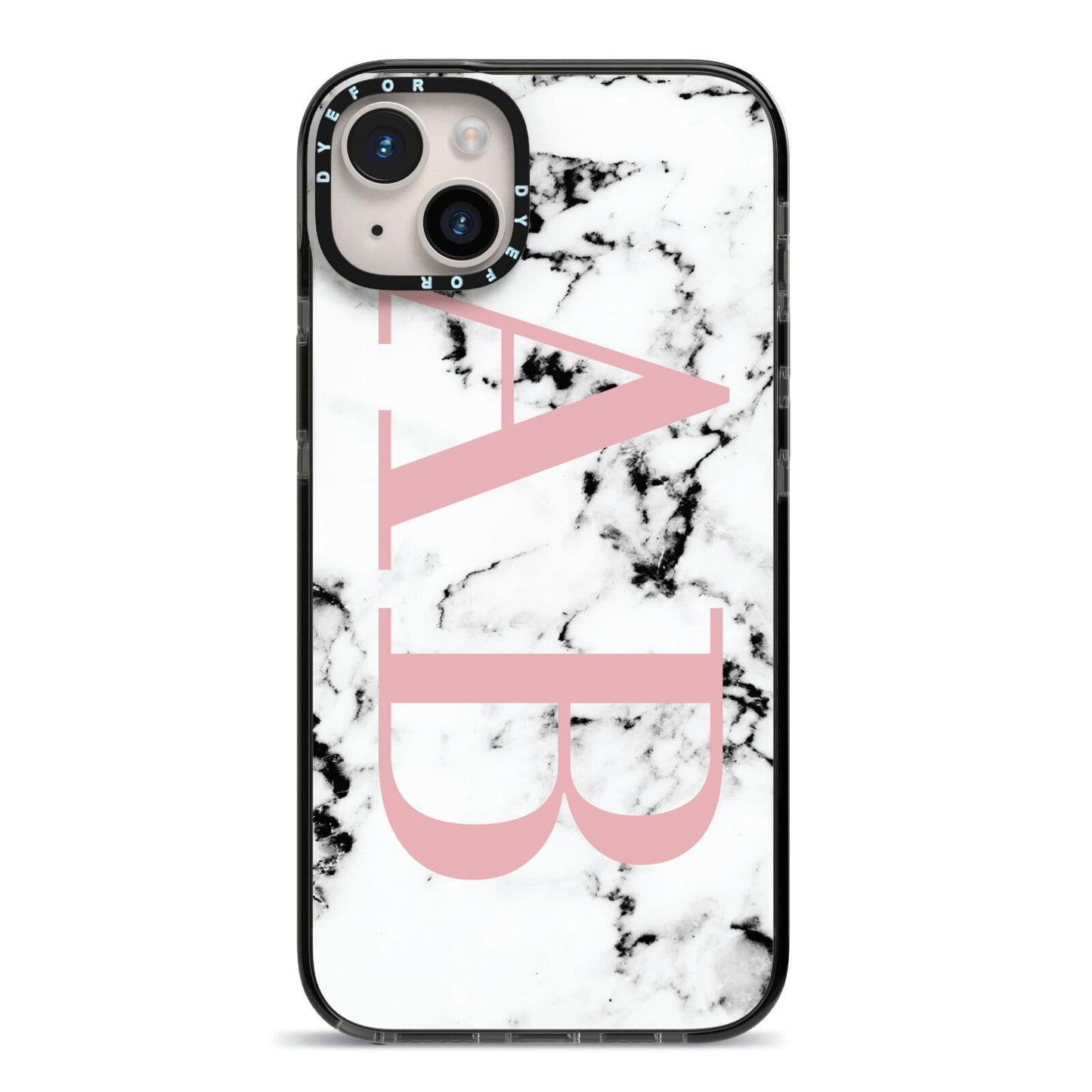 Marble Pattern Pink Initials Personalised iPhone 14 Plus Black Impact Case on Silver phone