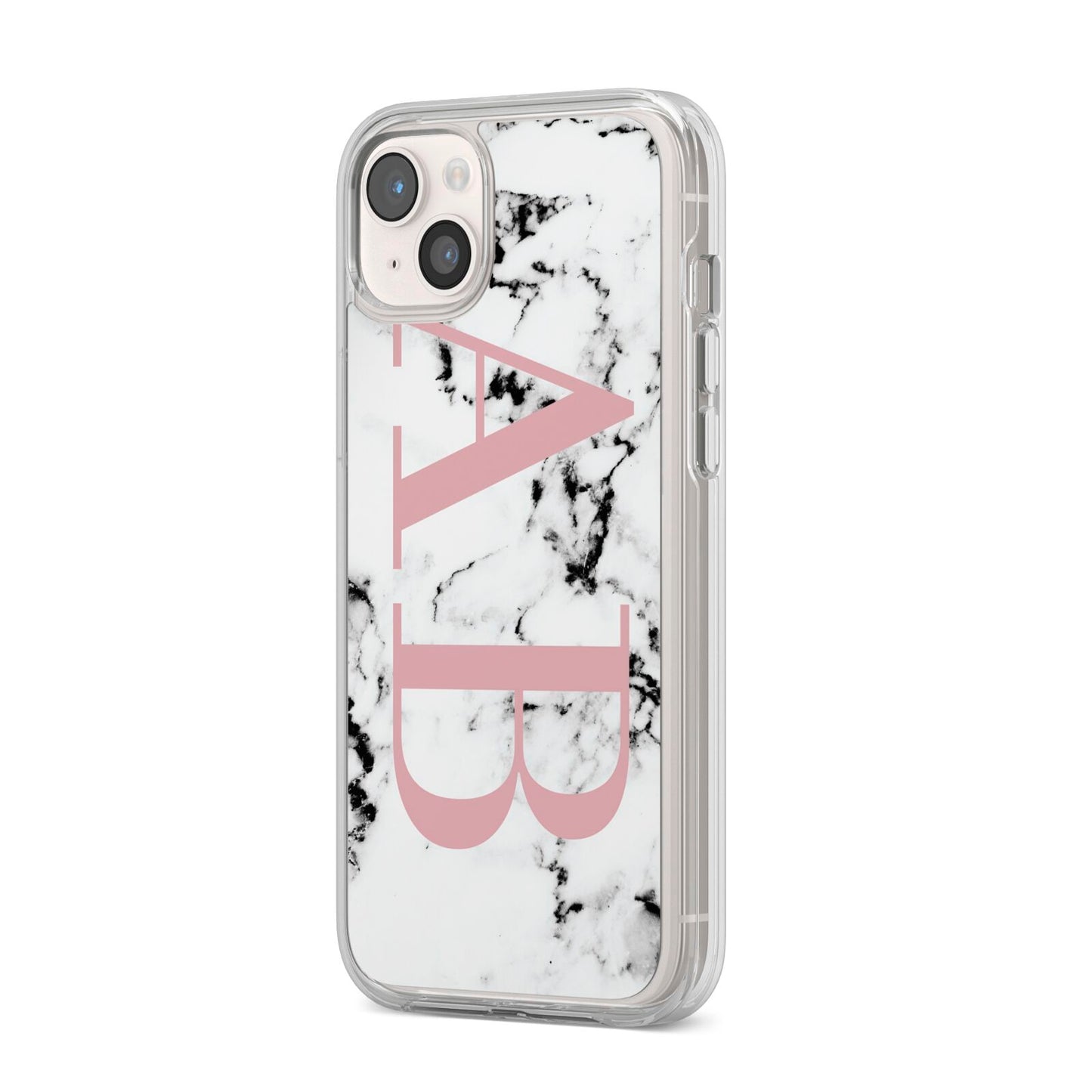Marble Pattern Pink Initials Personalised iPhone 14 Plus Clear Tough Case Starlight Angled Image