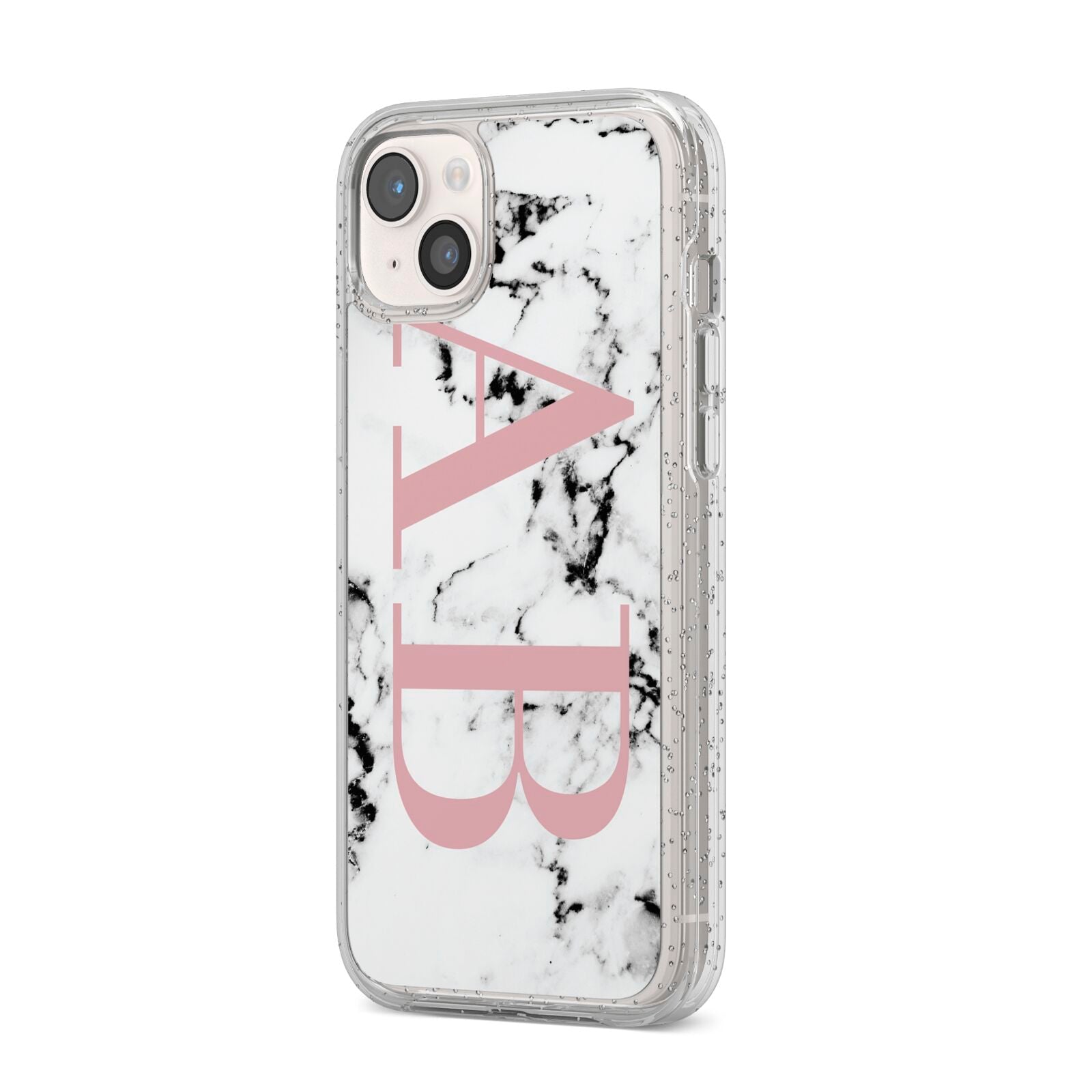 Marble Pattern Pink Initials Personalised iPhone 14 Plus Glitter Tough Case Starlight Angled Image