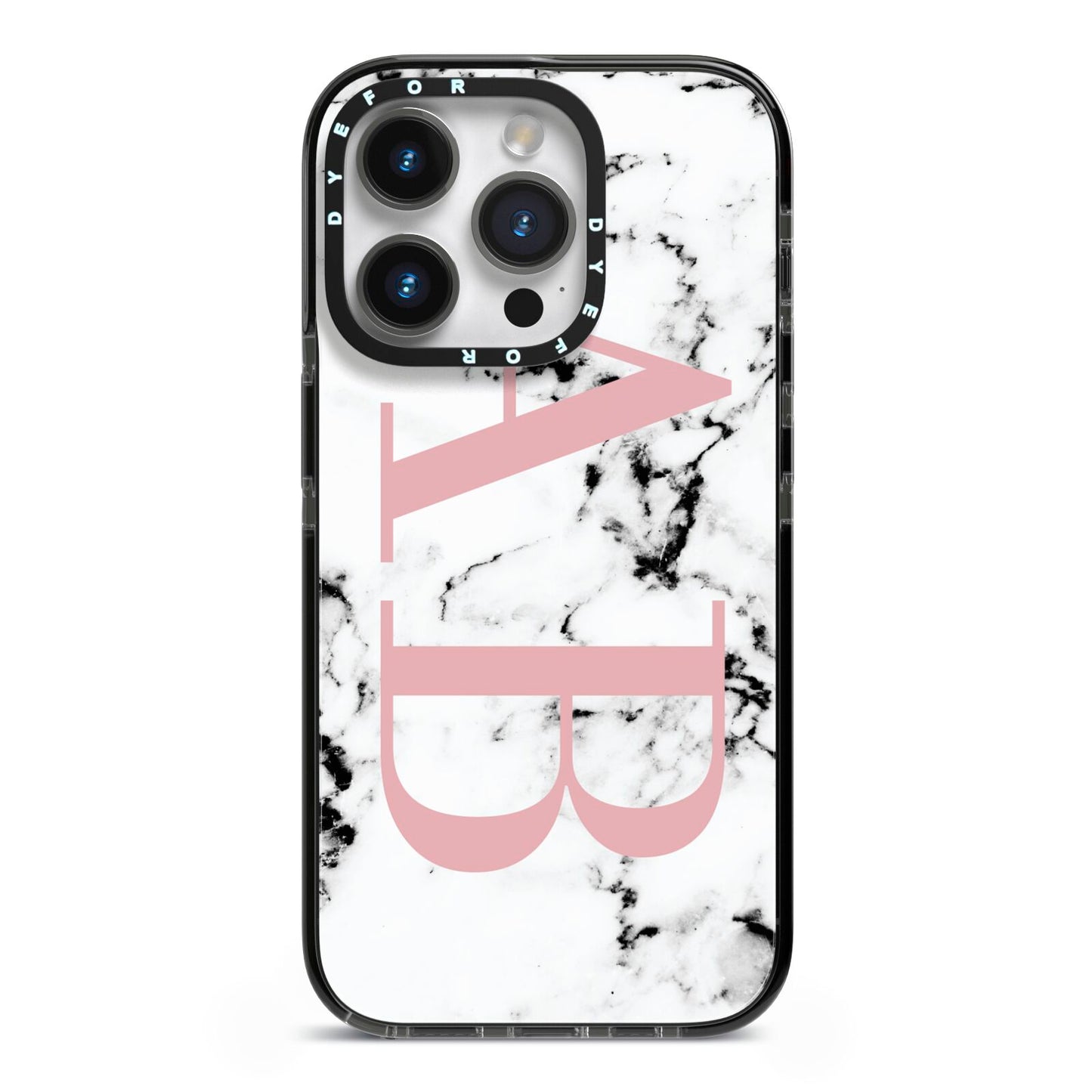 Marble Pattern Pink Initials Personalised iPhone 14 Pro Black Impact Case on Silver phone