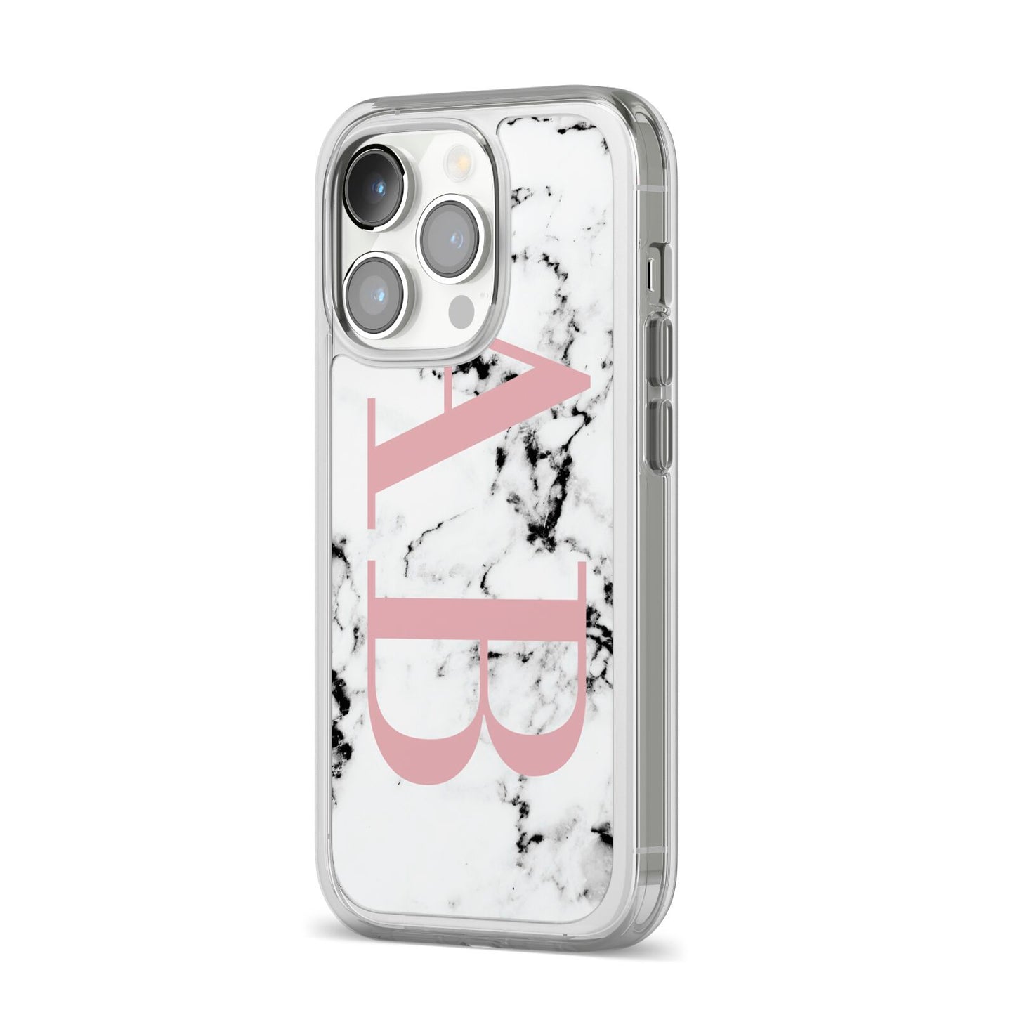 Marble Pattern Pink Initials Personalised iPhone 14 Pro Clear Tough Case Silver Angled Image