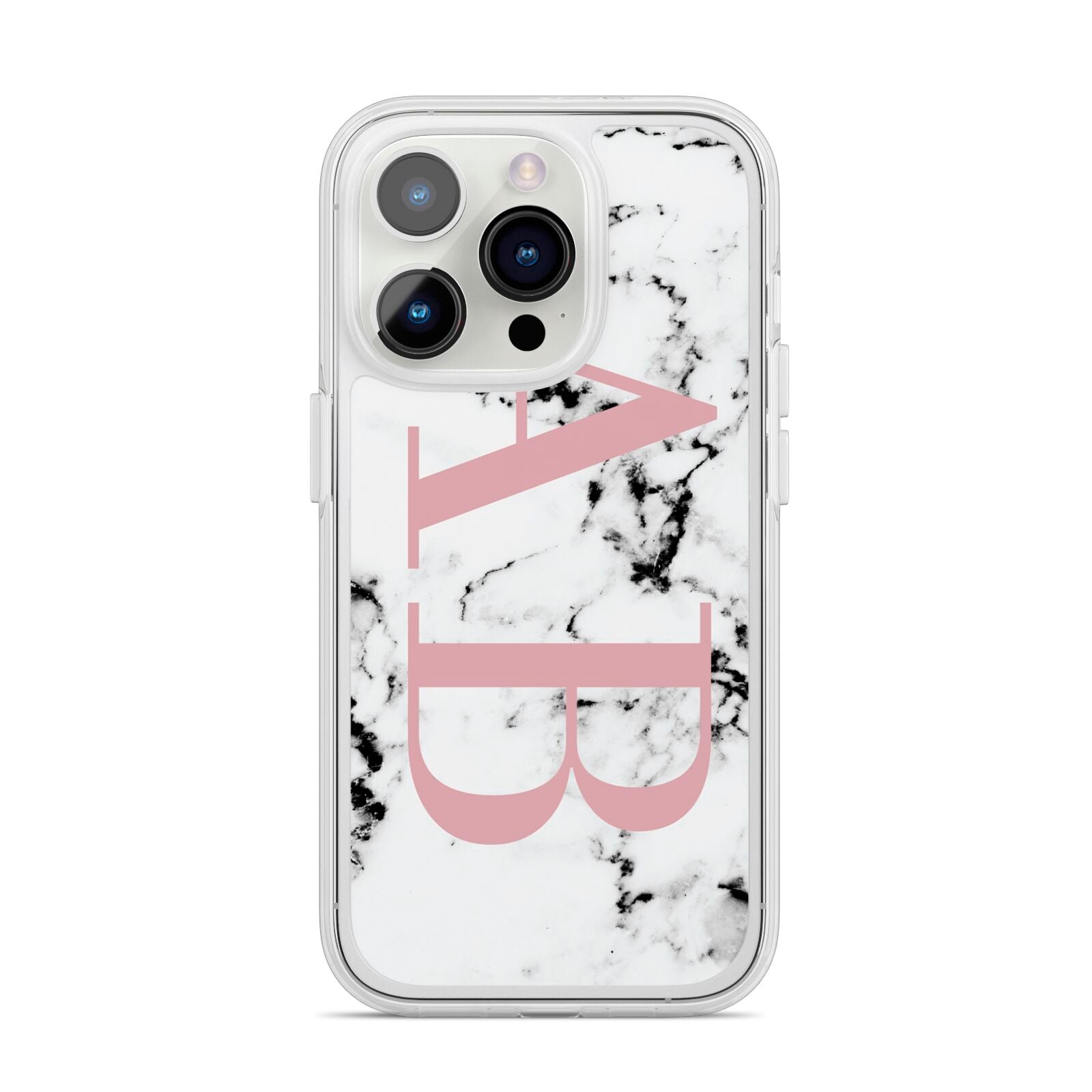 Marble Pattern Pink Initials Personalised iPhone 14 Pro Clear Tough Case Silver