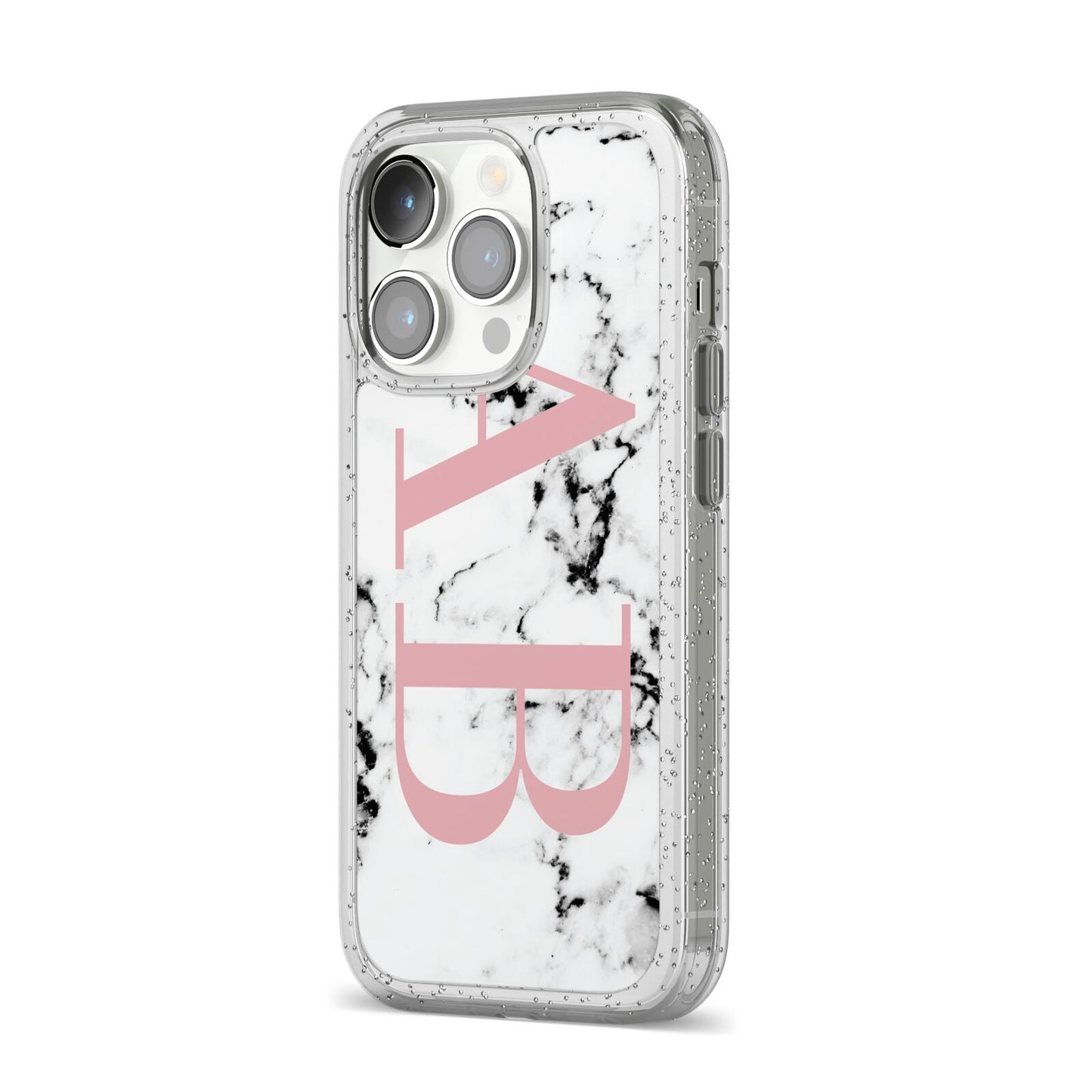 Marble Pattern Pink Initials Personalised iPhone 14 Pro Glitter Tough Case Silver Angled Image