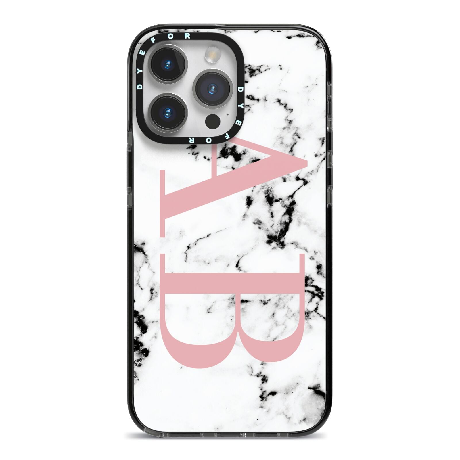 Marble Pattern Pink Initials Personalised iPhone 14 Pro Max Black Impact Case on Silver phone