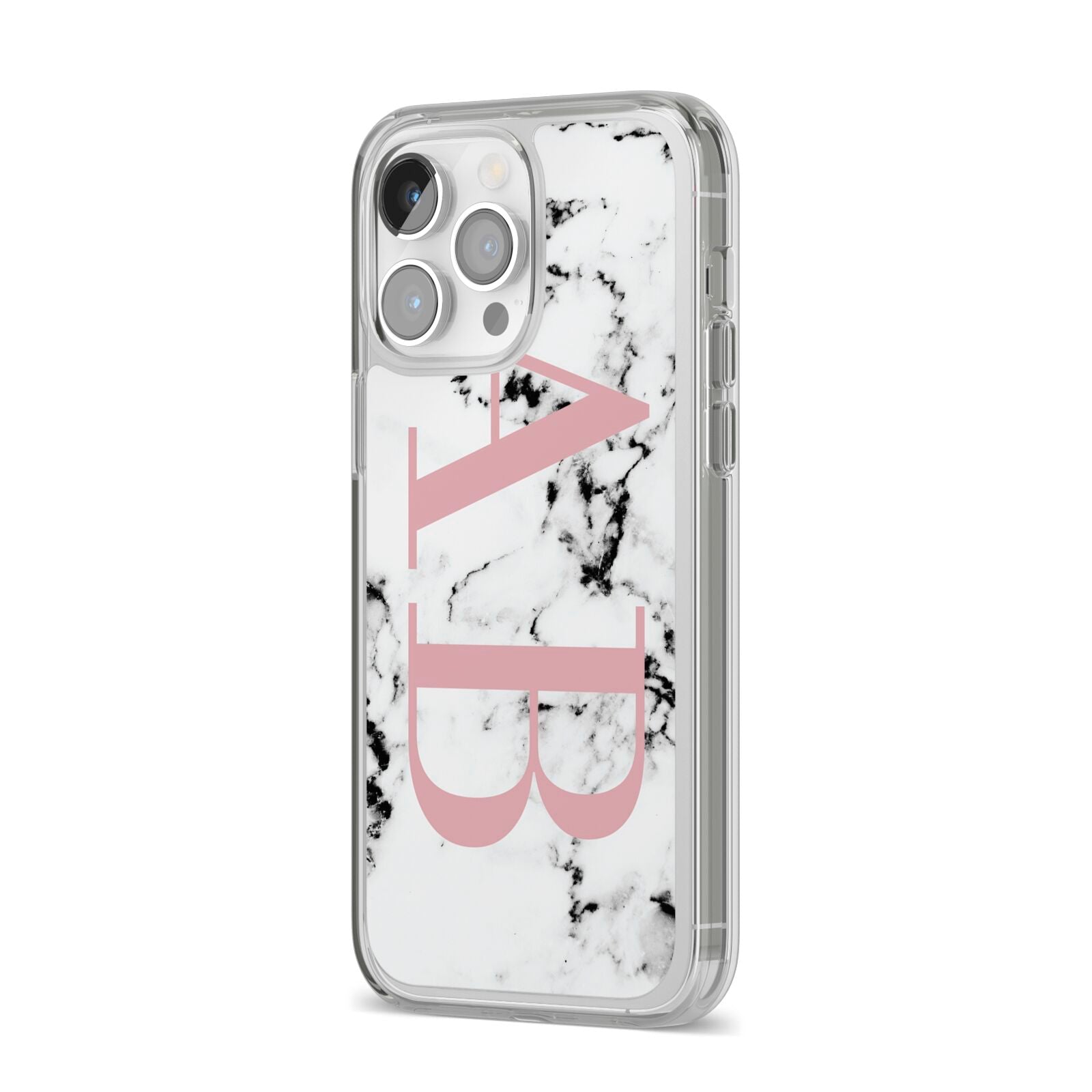Marble Pattern Pink Initials Personalised iPhone 14 Pro Max Clear Tough Case Silver Angled Image