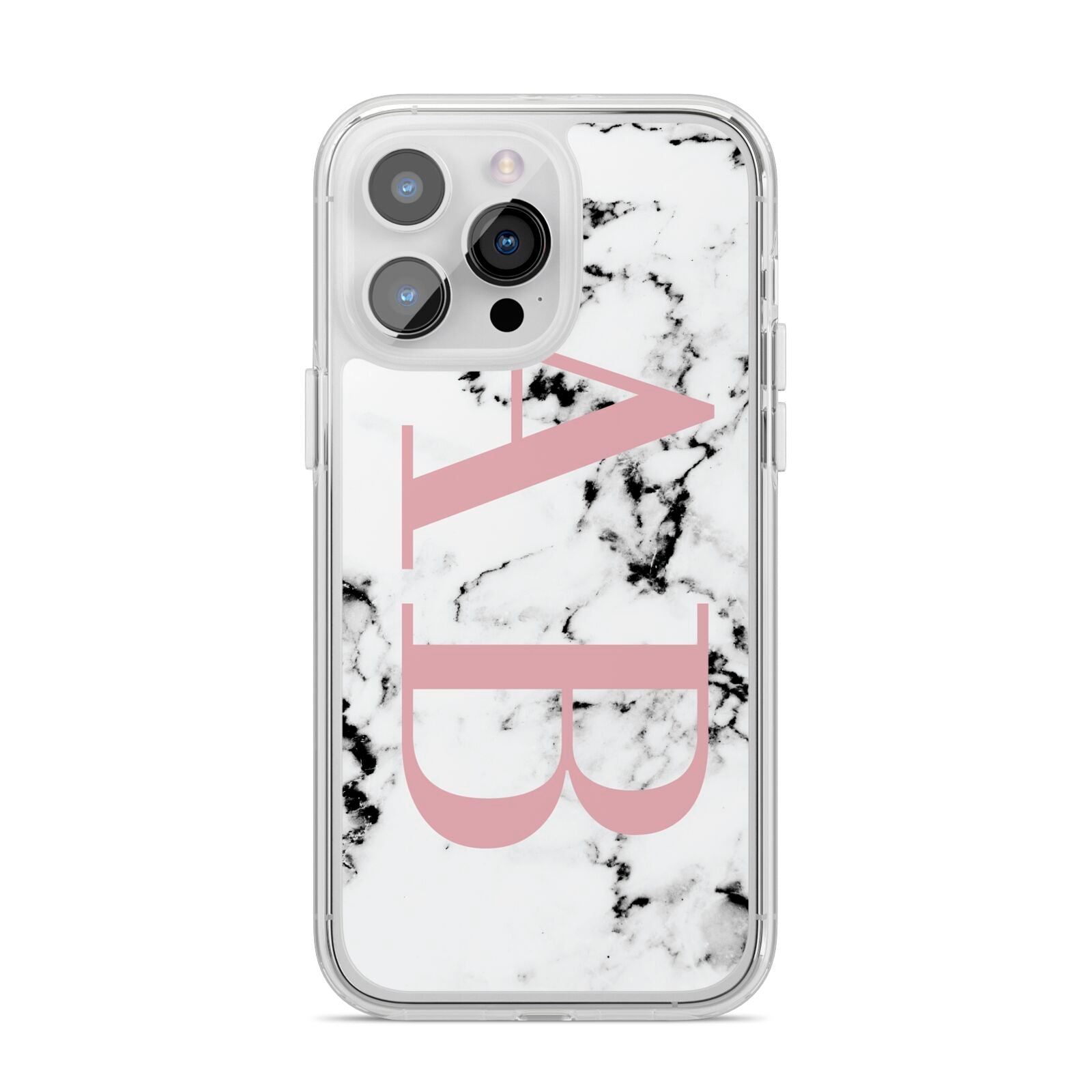 Marble Pattern Pink Initials Personalised iPhone 14 Pro Max Clear Tough Case Silver