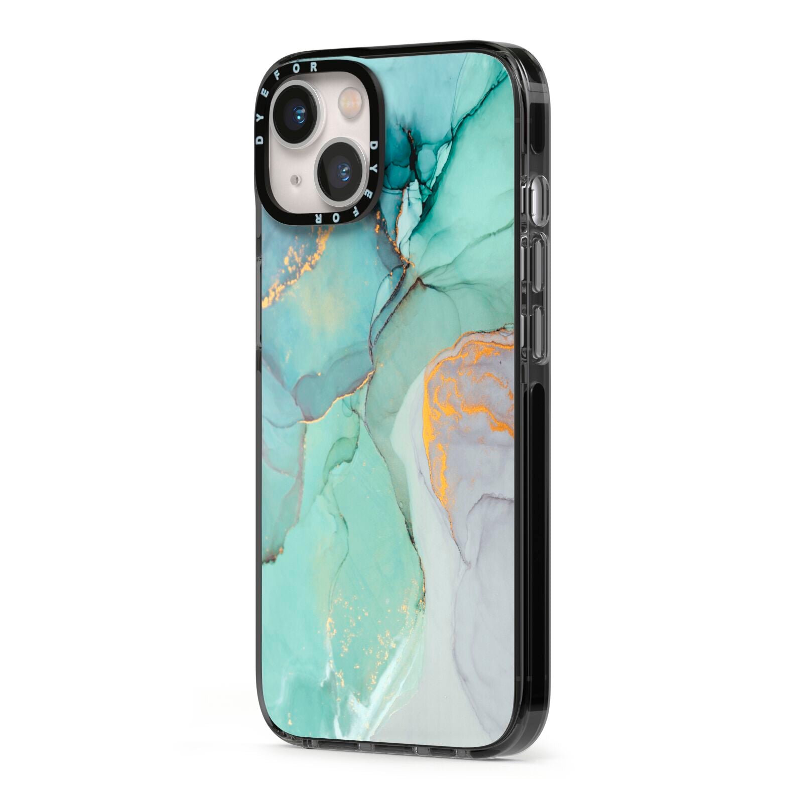 Marble Pattern iPhone 13 Black Impact Case Side Angle on Silver phone