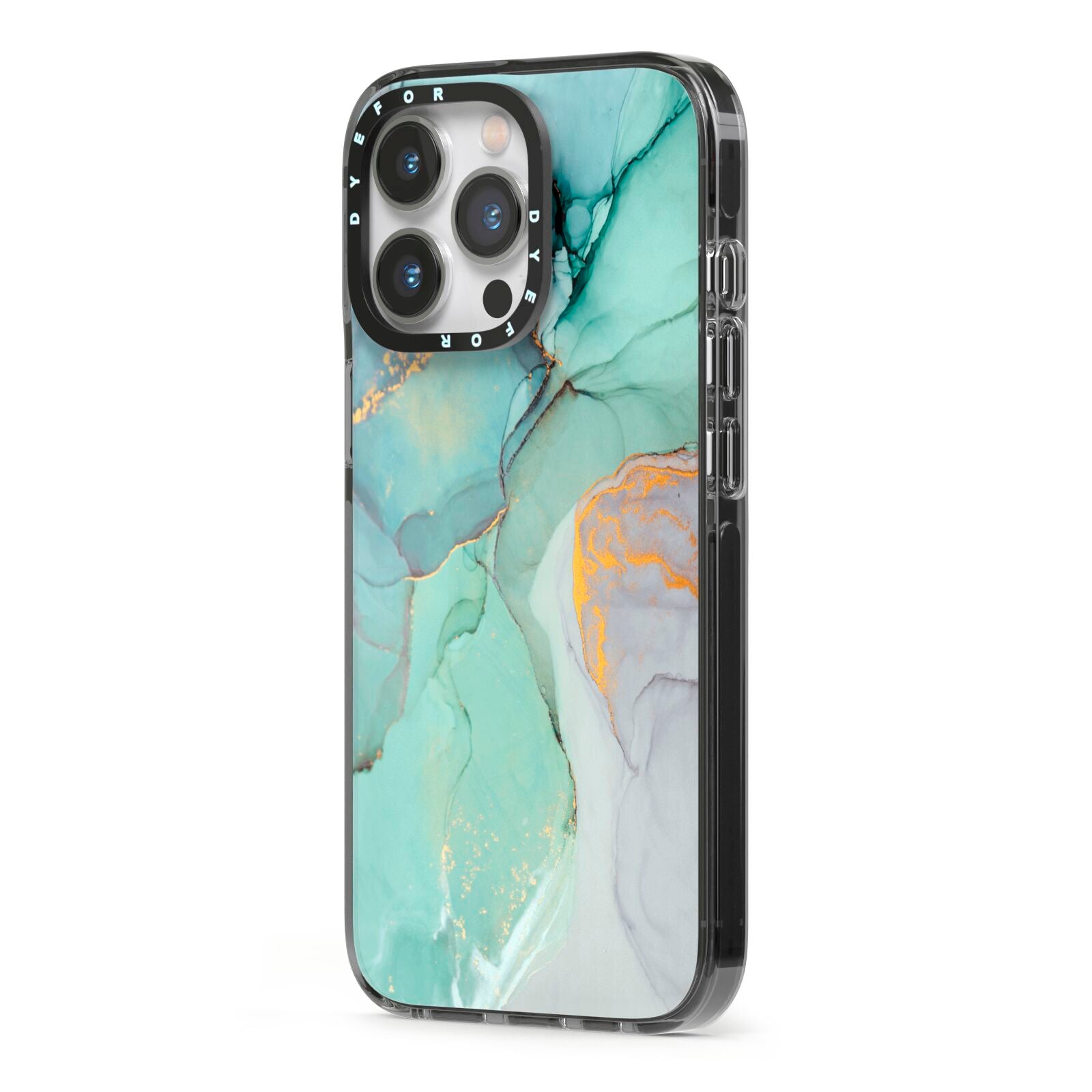 Marble Pattern iPhone 13 Pro Black Impact Case Side Angle on Silver phone