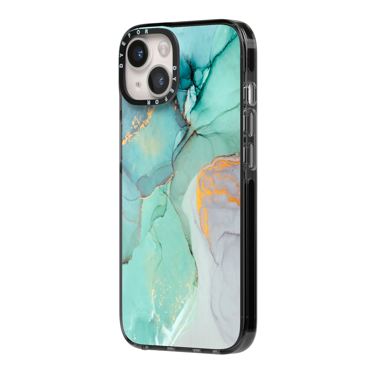 Marble Pattern iPhone 14 Black Impact Case Side Angle on Silver phone