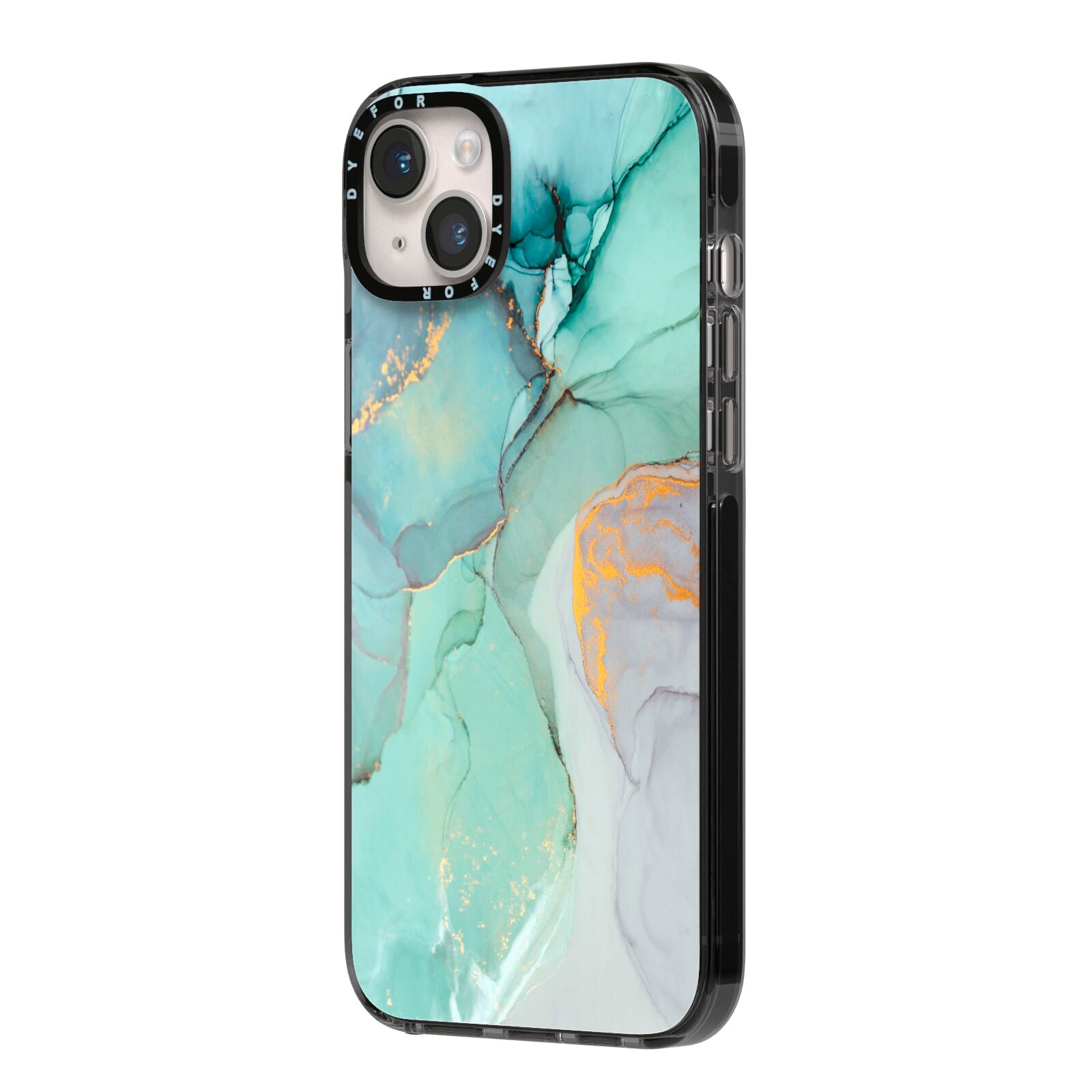 Marble Pattern iPhone 14 Plus Black Impact Case Side Angle on Silver phone