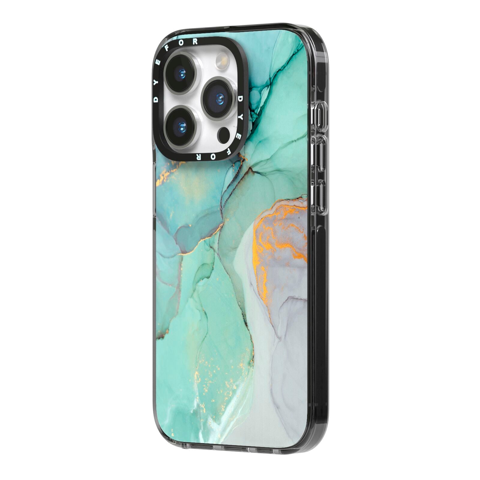 Marble Pattern iPhone 14 Pro Black Impact Case Side Angle on Silver phone