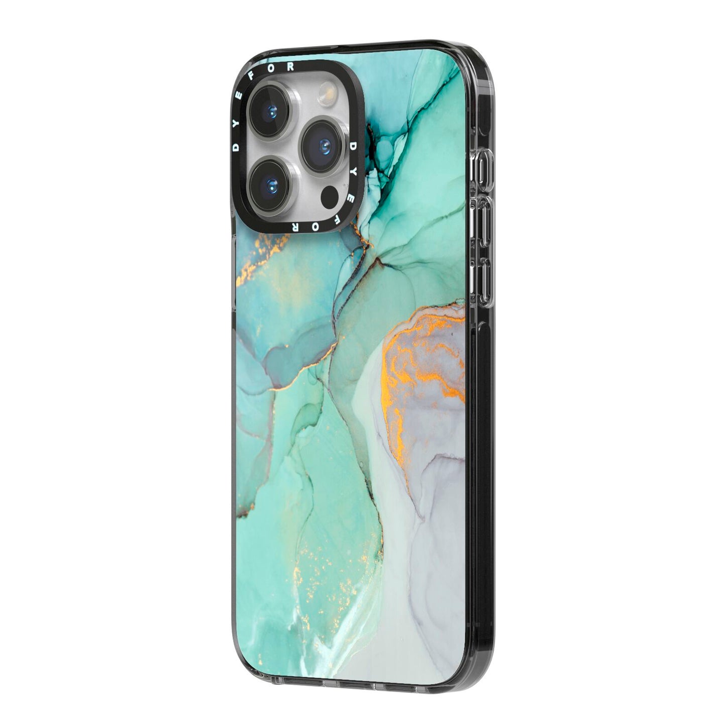 Marble Pattern iPhone 14 Pro Max Black Impact Case Side Angle on Silver phone