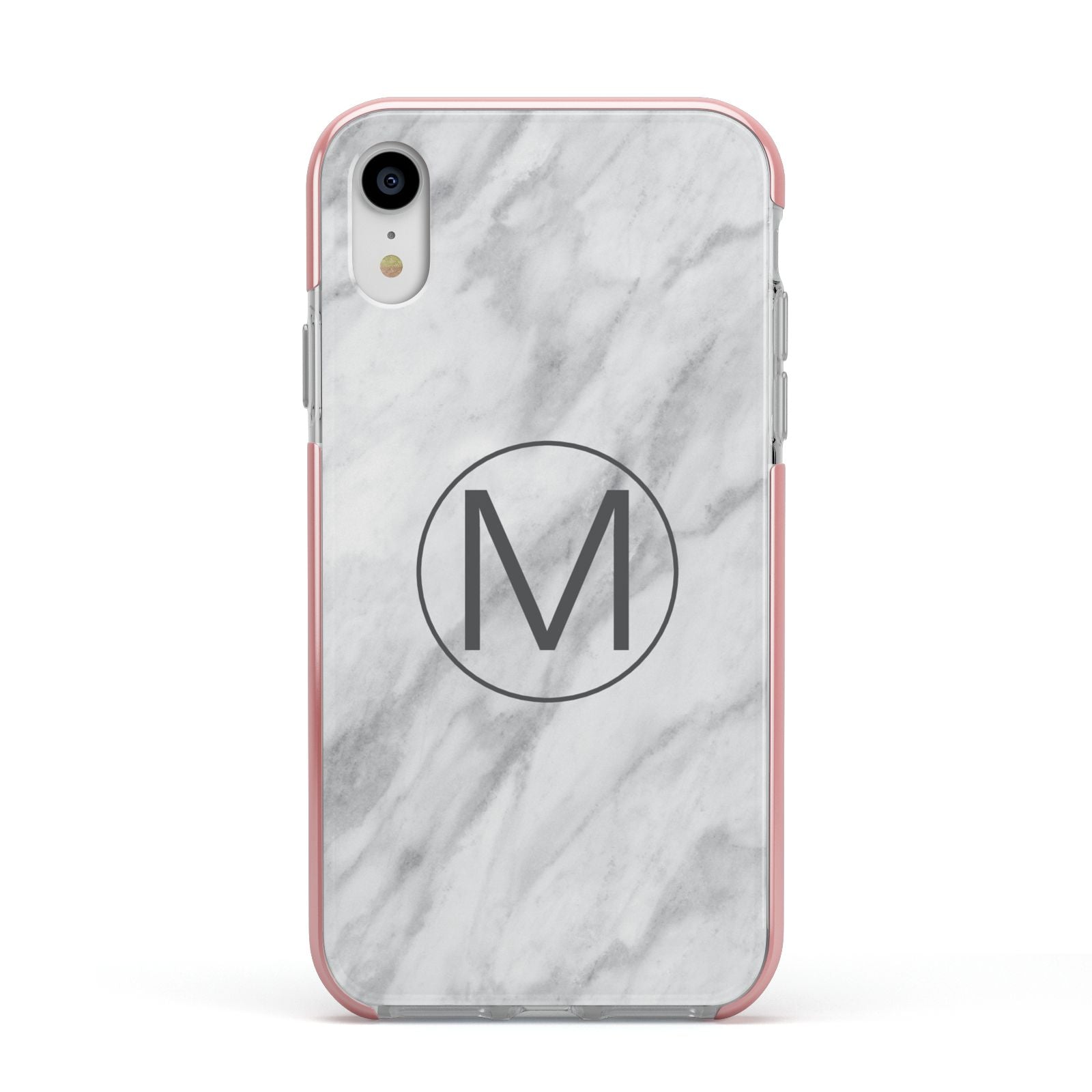 Marble Personalised Initial Apple iPhone XR Impact Case Pink Edge on Silver Phone