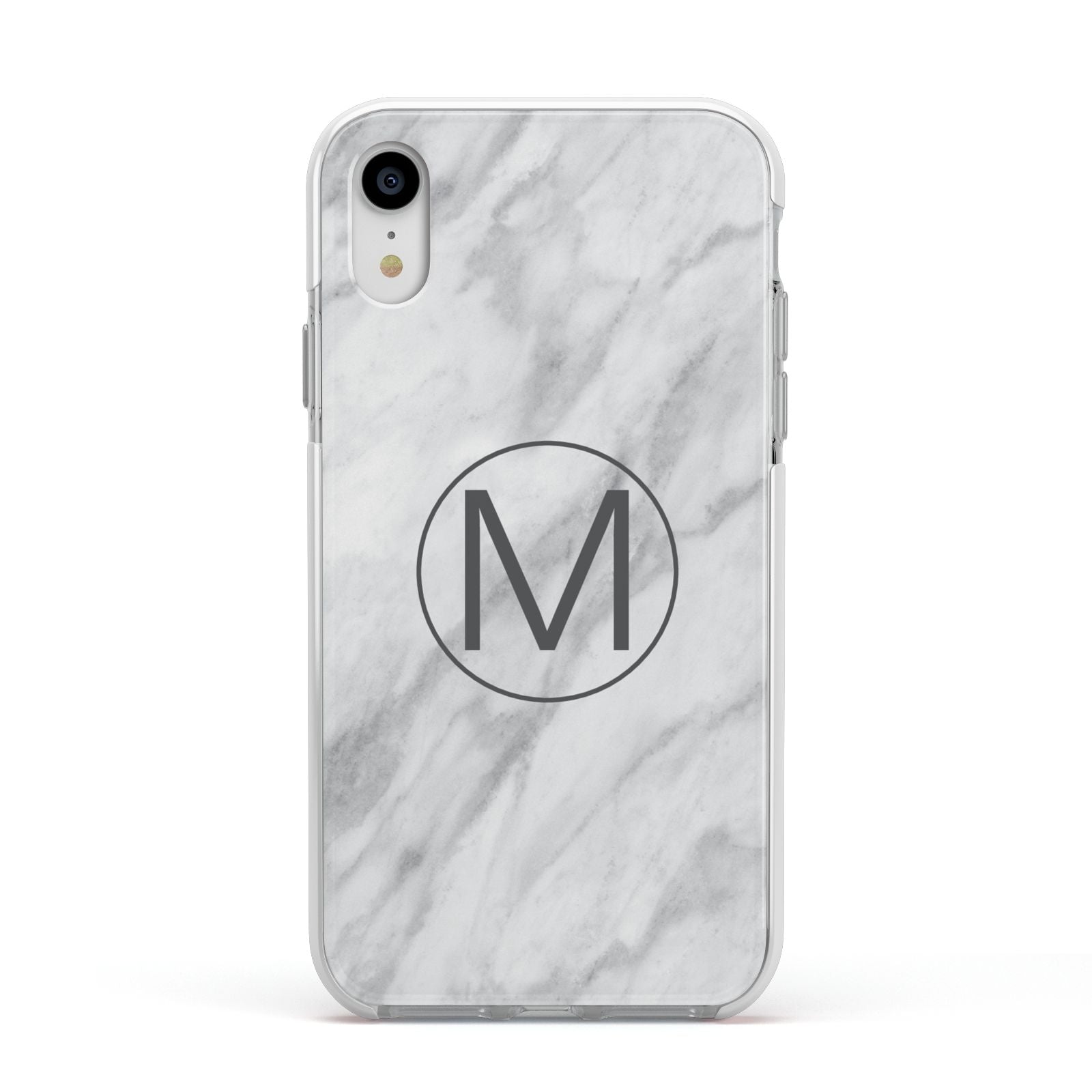 Marble Personalised Initial Apple iPhone XR Impact Case White Edge on Silver Phone