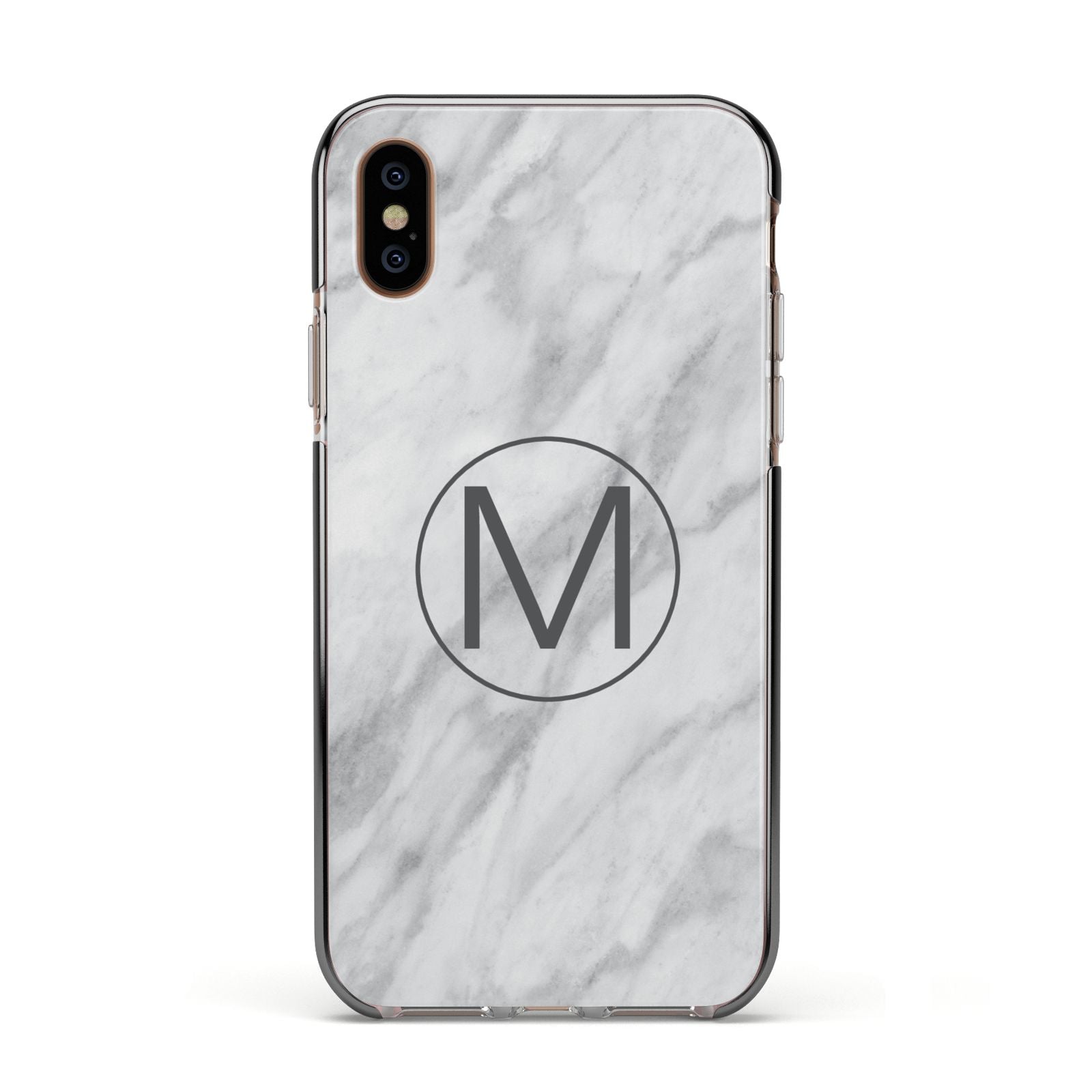 Marble Personalised Initial Apple iPhone Xs Impact Case Black Edge on Gold Phone