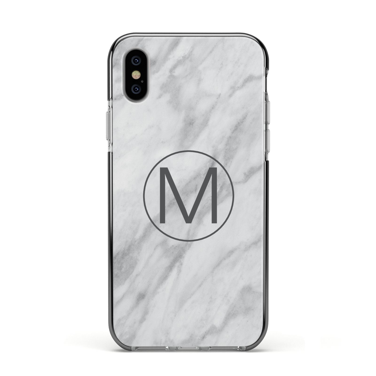 Marble Personalised Initial Apple iPhone Xs Impact Case Black Edge on Silver Phone