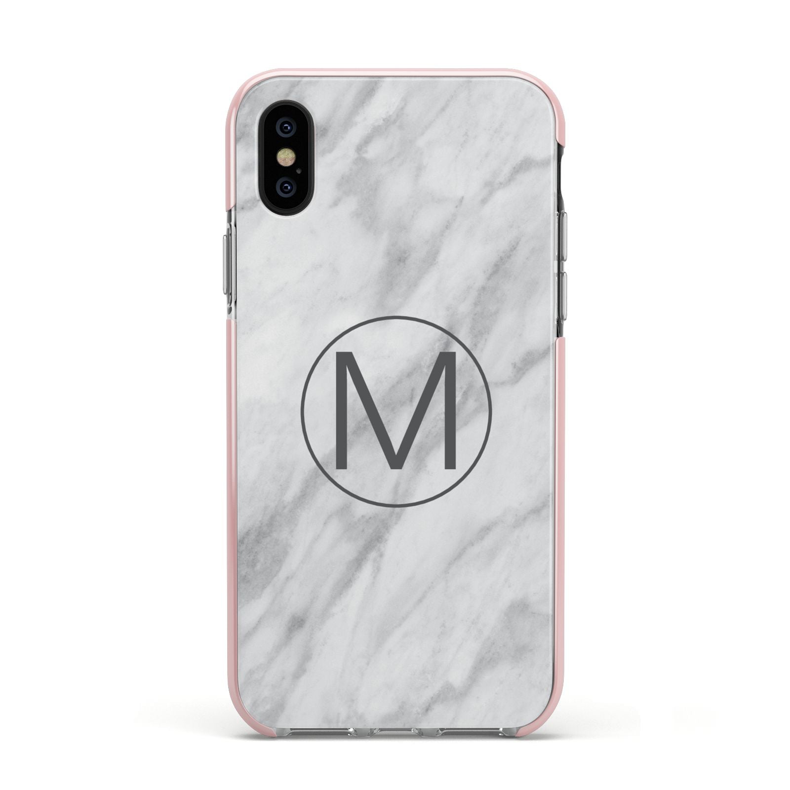 Marble Personalised Initial Apple iPhone Xs Impact Case Pink Edge on Black Phone