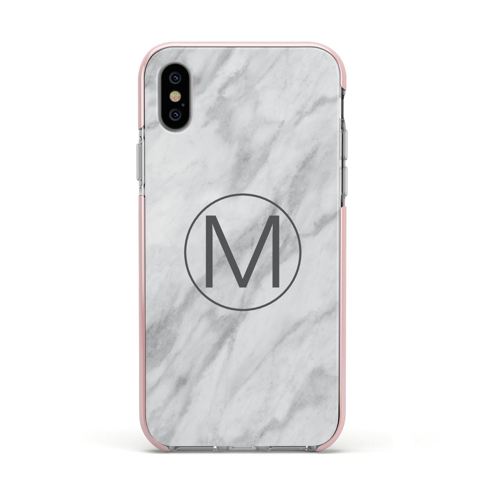 Marble Personalised Initial Apple iPhone Xs Impact Case Pink Edge on Silver Phone