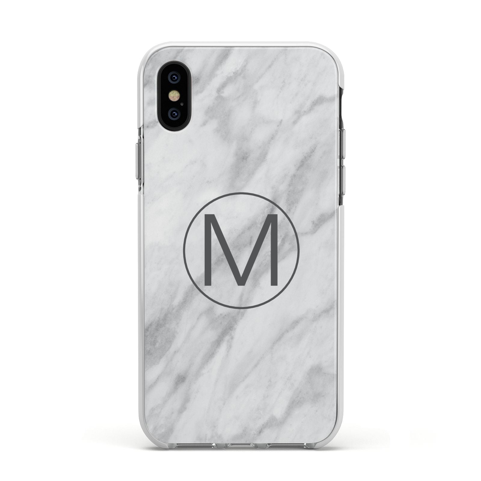 Marble Personalised Initial Apple iPhone Xs Impact Case White Edge on Black Phone