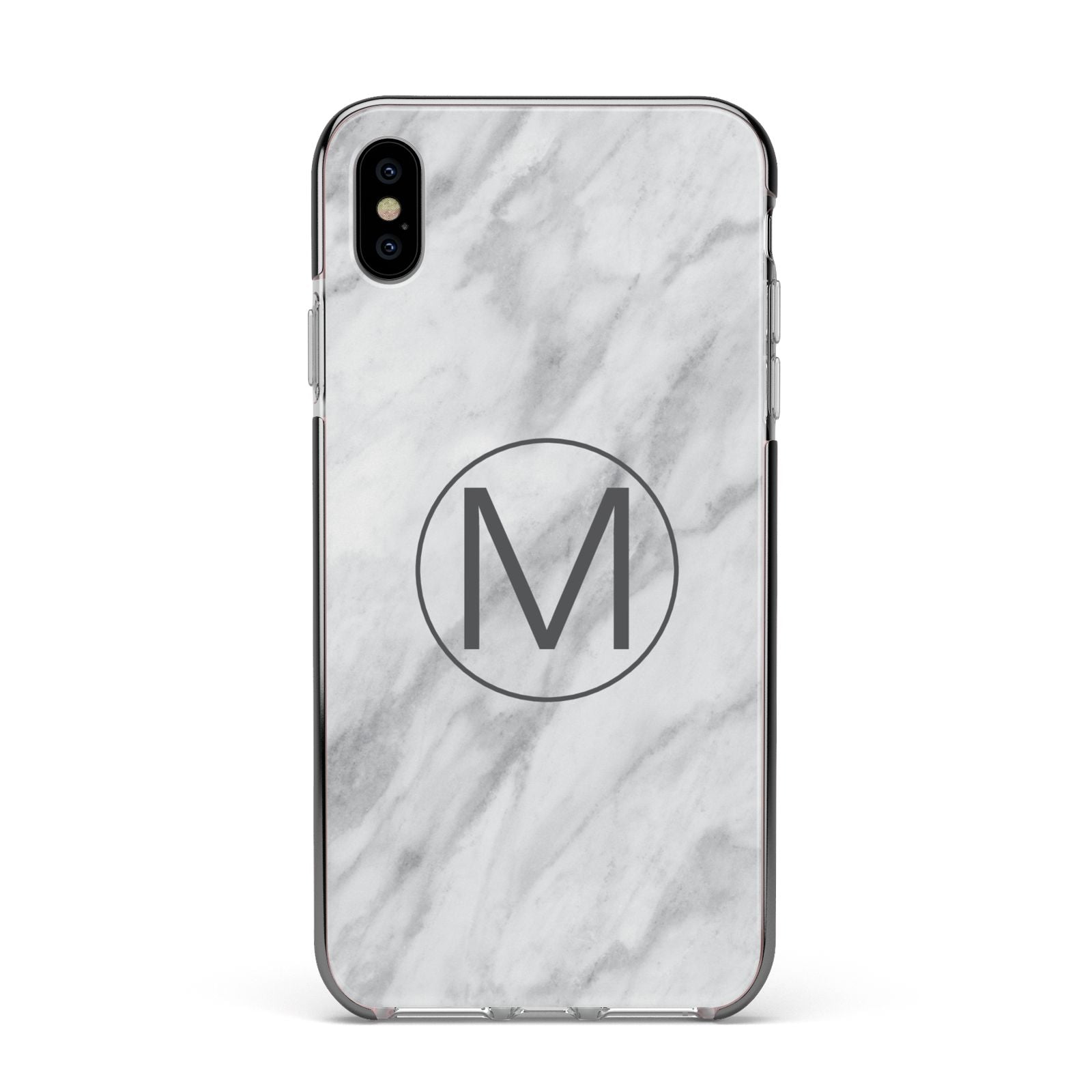 Marble Personalised Initial Apple iPhone Xs Max Impact Case Black Edge on Silver Phone