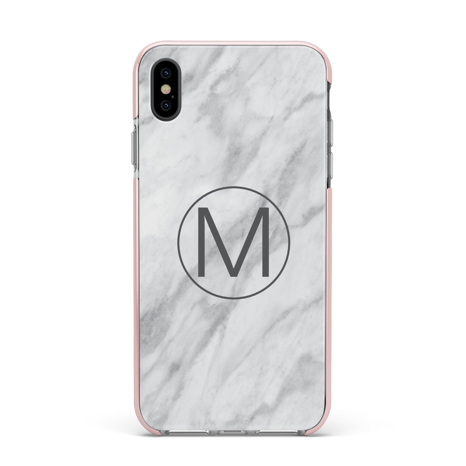Marble Personalised Initial Apple iPhone Xs Max Impact Case Pink Edge on Black Phone
