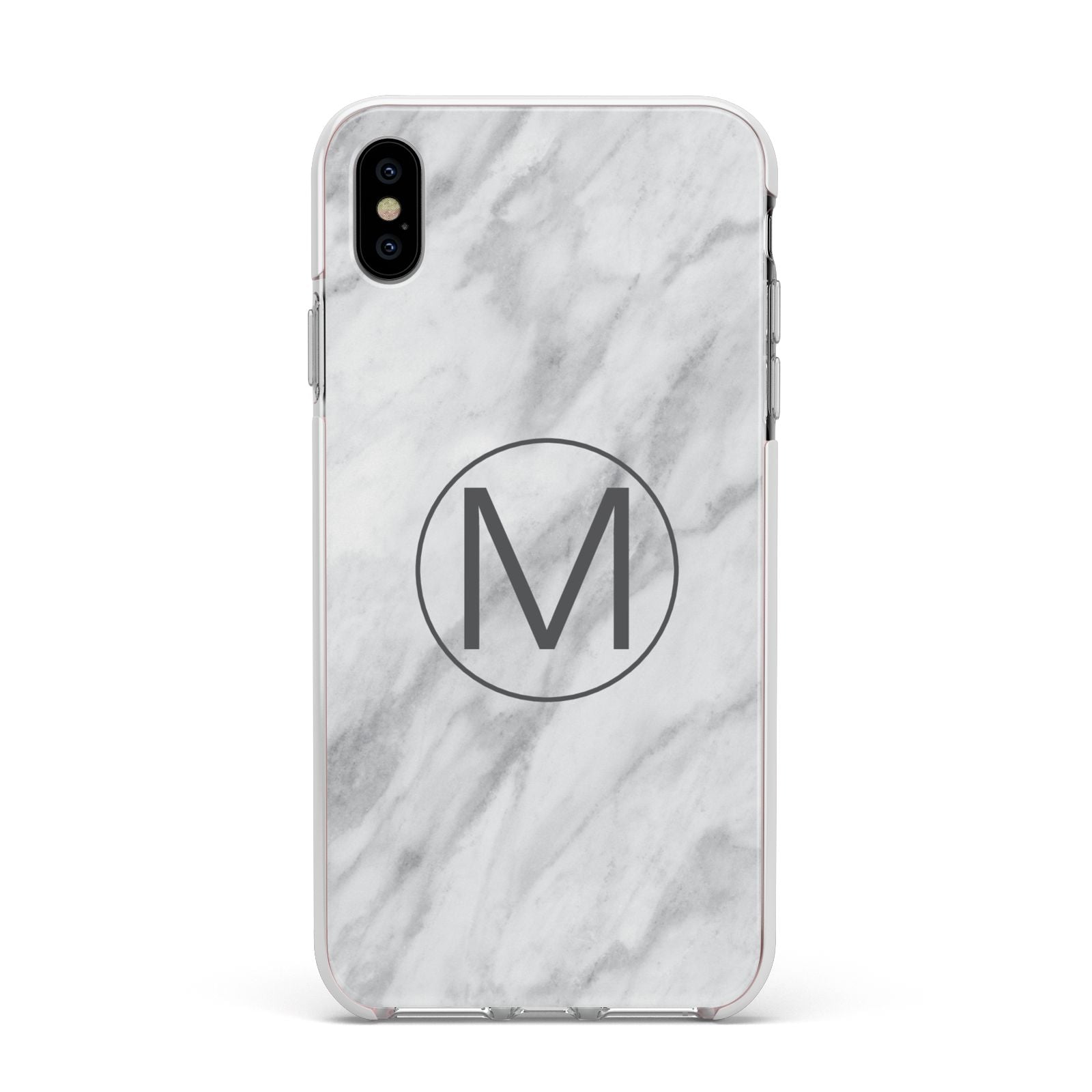 Marble Personalised Initial Apple iPhone Xs Max Impact Case White Edge on Silver Phone