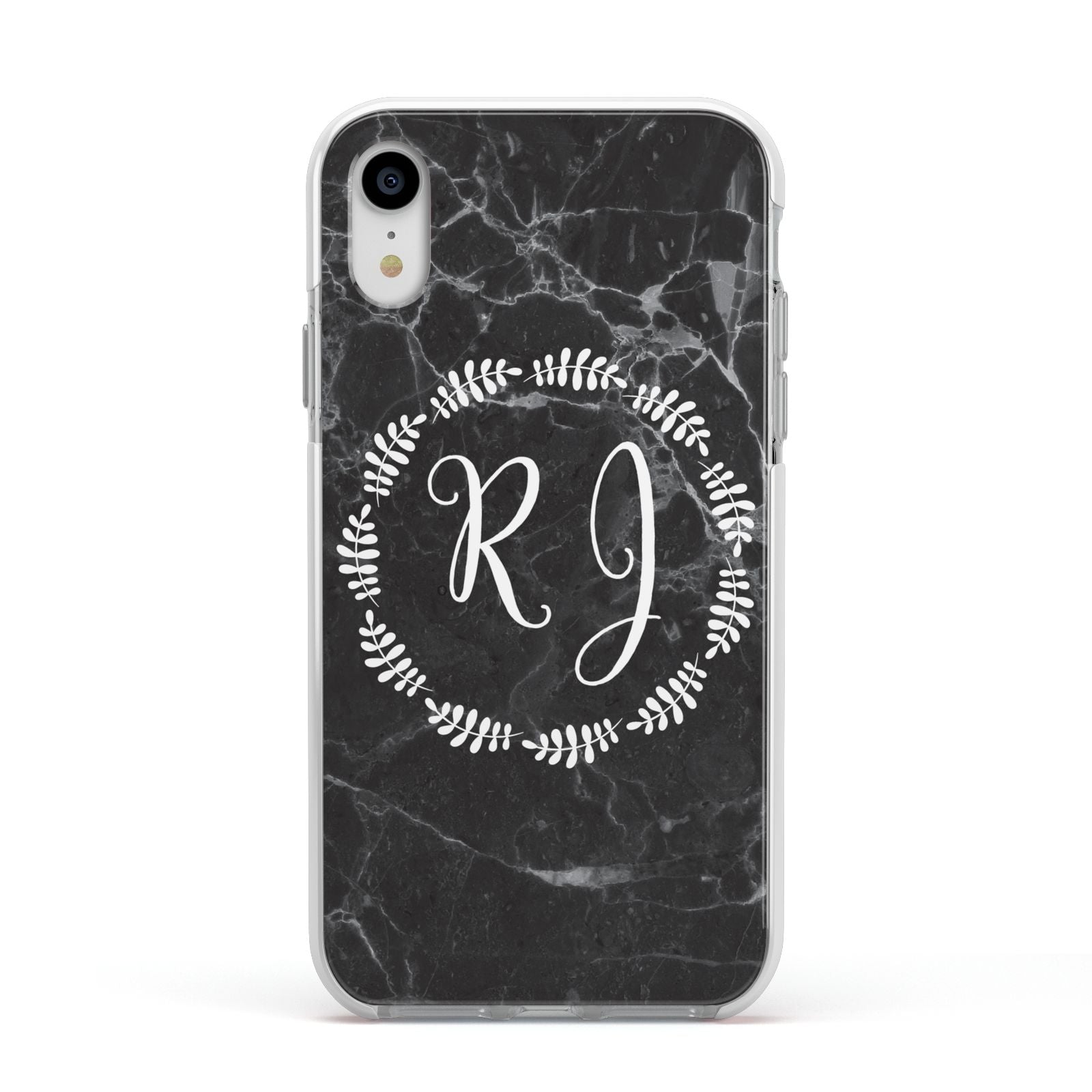 Marble Personalised Initials Apple iPhone XR Impact Case White Edge on Silver Phone