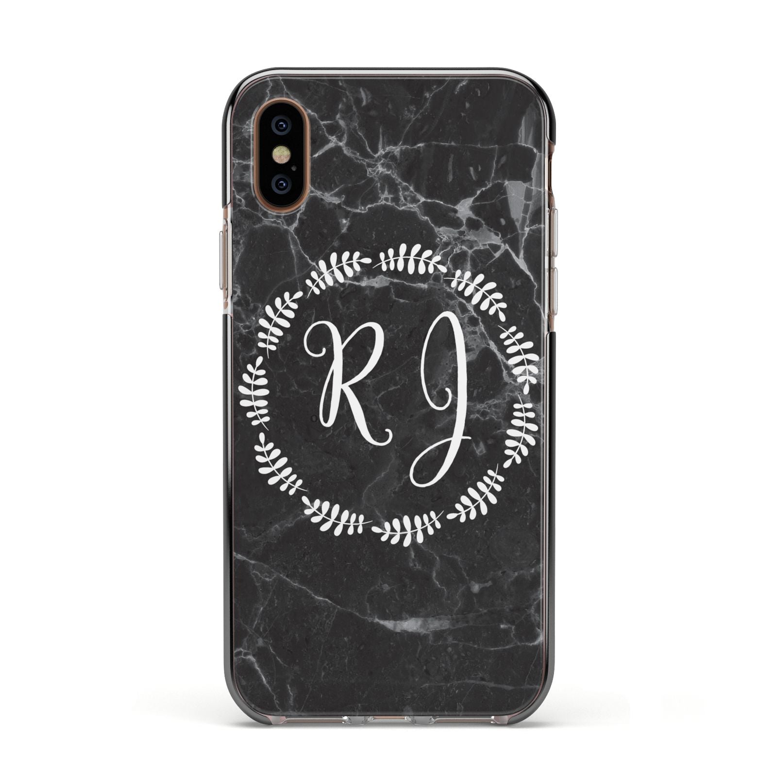 Marble Personalised Initials Apple iPhone Xs Impact Case Black Edge on Gold Phone